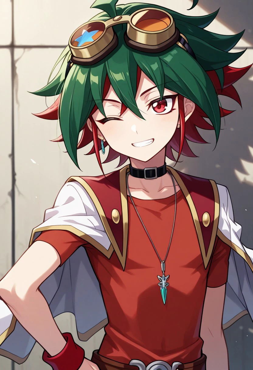 masterpiece, best quality, 
yuya, 1boy, male focus, solo, red eyes, multicolored hair, two-tone hair, green hair, red hair, ahoge, hair between eyes, spiked hair, bangs, goggles, goggles on head, jewelry, necklace, pendant, choker, shirt, red shirt, short sleeves, jacket, white jacket, jacket over shoulder, wristband, upper body, smile, teeth, one eye closed
outdoor