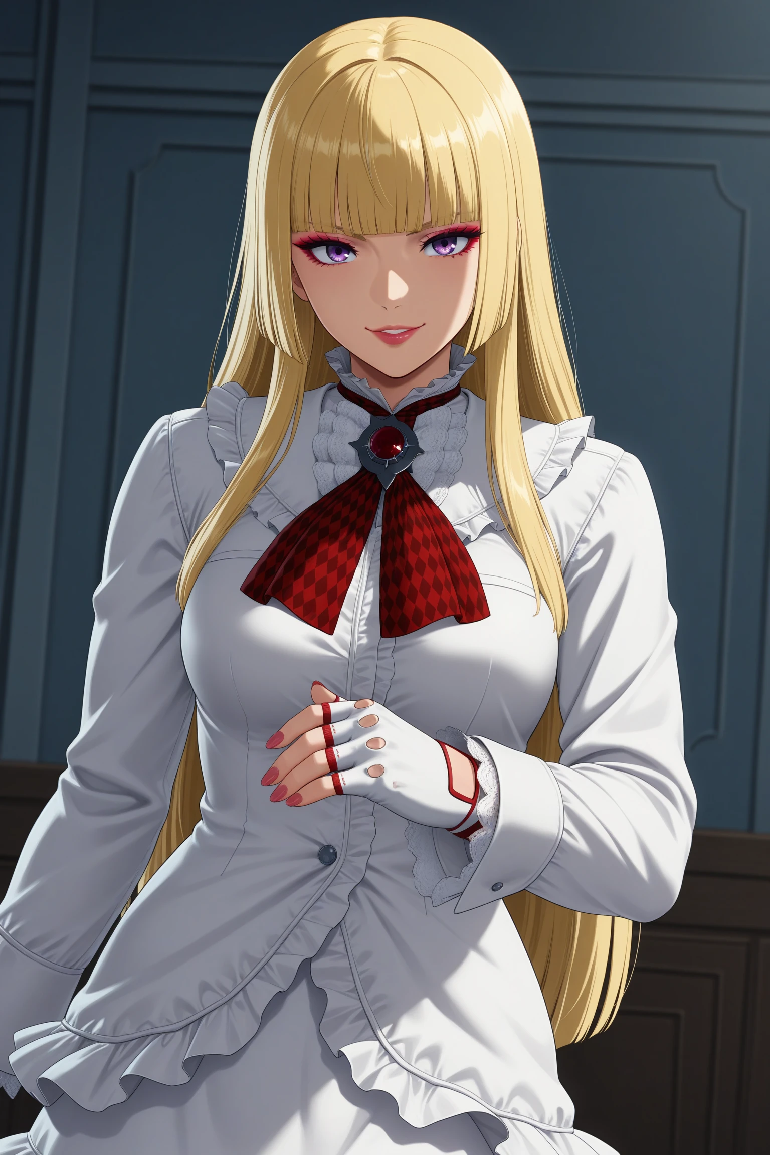 masterpiece, best quality, amazing quality, highres, absurdres, very aesthetic, high resolution, ultra detailed, perfect details, 1girl, solo, indoors, medium breasts, lilit5p2, long hair, hime cut, blonde hair, blunt bangs, purple eyes, makeup, eyeshadow, lips, white jacket, white skirt, frills, frilled jacket, frilled skirt, white gloves, fingerless gloves, brooch, red neckerchief, white footwear, knee boots, high heel boots, <lora:Emilie_de_Rochefort_T5P2_ILXL:0.8>, (aged up:1.5), (portrait:1.8), (pose:1.2), smile, looking at viewer, (anime screencap:1.5), (anime coloring:1.5), parted lips