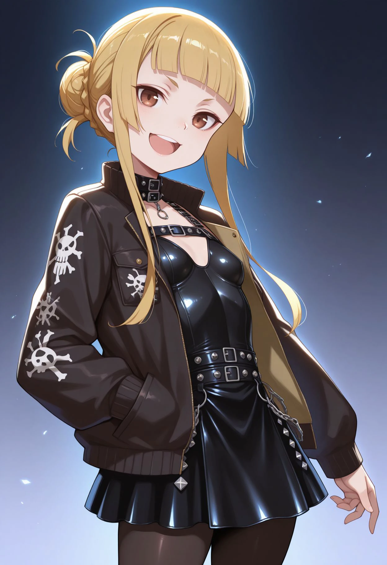 masterpiece, best quality,    looking at viewer,  <lora:Sao Fuka v2:1> fuka (sao), 1girl, blonde hair, brown eyes, long hair, sidelocks, blunt bangs, black pantyhose, small breast, ((punk outfit,)), smile, open jacket, hand on pocket, goth eyeliner, open mouth, full teeth