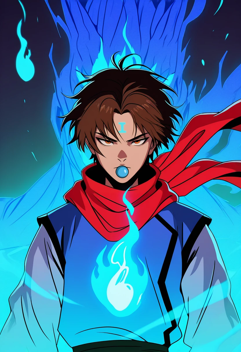 masterpiece, best quality, vibrant, very aesthetic, high contrast, 1boy, <lora:Koenma_ILLU:0.8> knma_yyh, forehead mark, pacifier, red scarf, green aura, magic, necromancy, pyrokinesis, hitodama, blue fire, glowing, blue theme, ghosts, exorcism, , masterwork, raytracing, highly detailed, absurdres, masterful composition, cinematic lighting, rim lighting