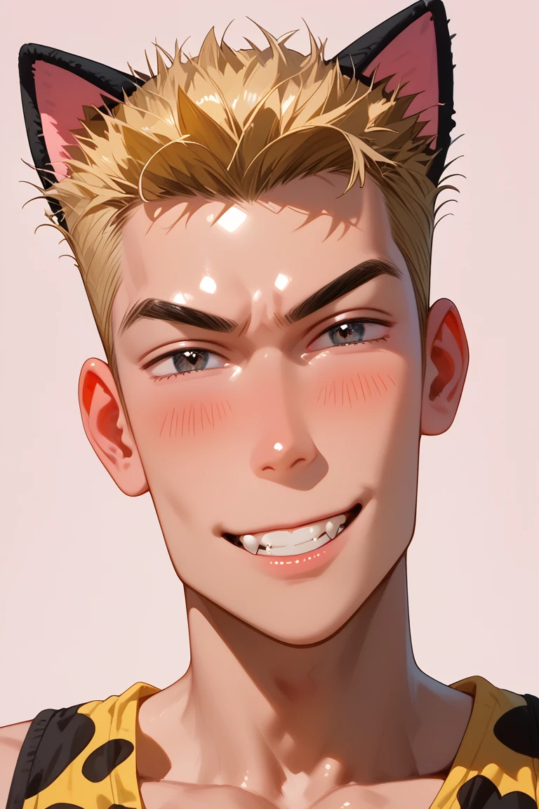 score_9, score_8_up, score_7_up, source_anime, rating_explicit, realistic shading, natural lighting, male focus, looking at viewer, cute expressive face, smiling, yasuocsc, blonde_yasuocsc_male hair, black_yasuocsc_eyes, 1boy, head tilt, blush lines, teeth, fangs, shiny skin, cute pose, fake cat ears, cat paws, cosplay, pectoral cleavage, cute shirt, simple white patterned pink background, intricately detailed illustration, depth of field, masterpiece, best quality, amazing quality, very aesthetic, absurdres, newest, atmospheric perspective, anime screencap