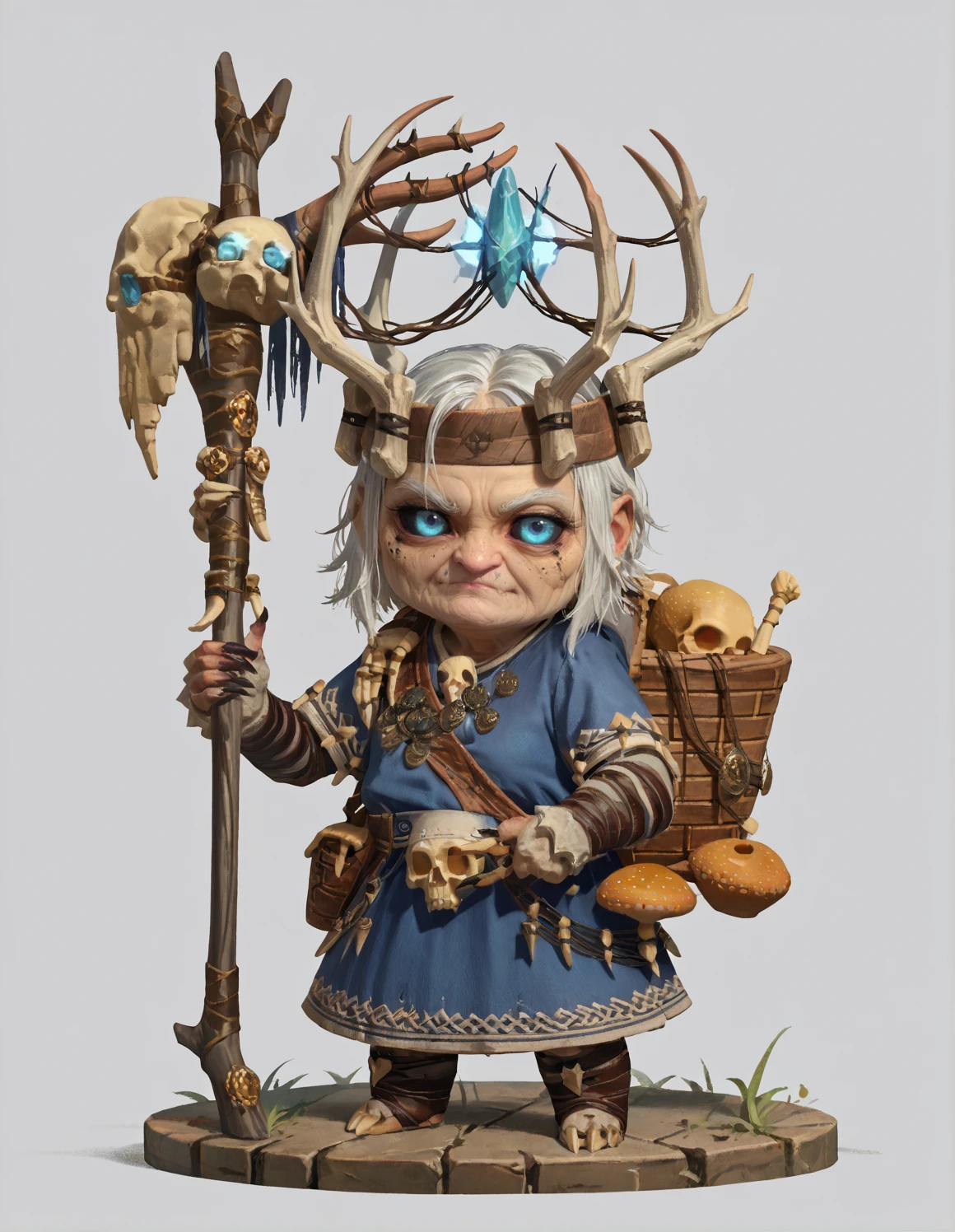 score_9, score_8_up, score_7_up, 2d, chibi, blank background, solo,
Ostankya, old woman, blue dress, gloves, white hair, blue eyes, black sclera, horns, antlers, jewelry, long fingernails, holding staff, backpack basket, skulls,
looking at viewer, 
 <lora:Ostankya_PonyXL:0.9>