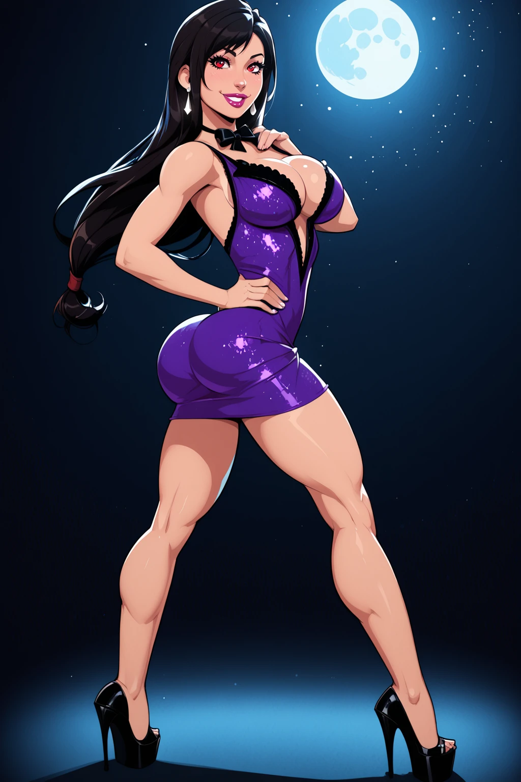 score_9, score_8_up, score_7_up, masterpiece, high quality, BREAK
<lora:Tifa LockhartPonyLora:0.8>tfalckhrt, long hair, straight hair, swept bangs, red eyes, crescant earrings, neck ribbon, cleavage, bare shoulders, high heels, sleeveless dress, short dress, purple dress
<lora:CherryMouseStreetStylePonyLyco:1> 1girl, lipstick, uncensored, makeup, nose, lips, solo, hand on hip, sexy smile, sexy pose, night, dark background, spotlight, nightclub, ass, cleavage, bend over, clothes pull