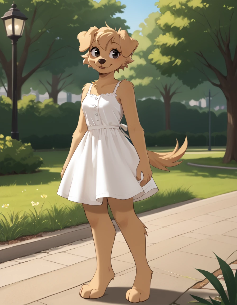 outdoors,park,
sundress,
full body,smile,long eyelashes,
<lora:Bherri_v01_PDXL:1>,Bherri,1girl,solo,furry female,dog girl,dog ears,dog tail,short hair,blonde hair,bangs,body fur,brown fur,two-tone fur,animal nose,black eyes,