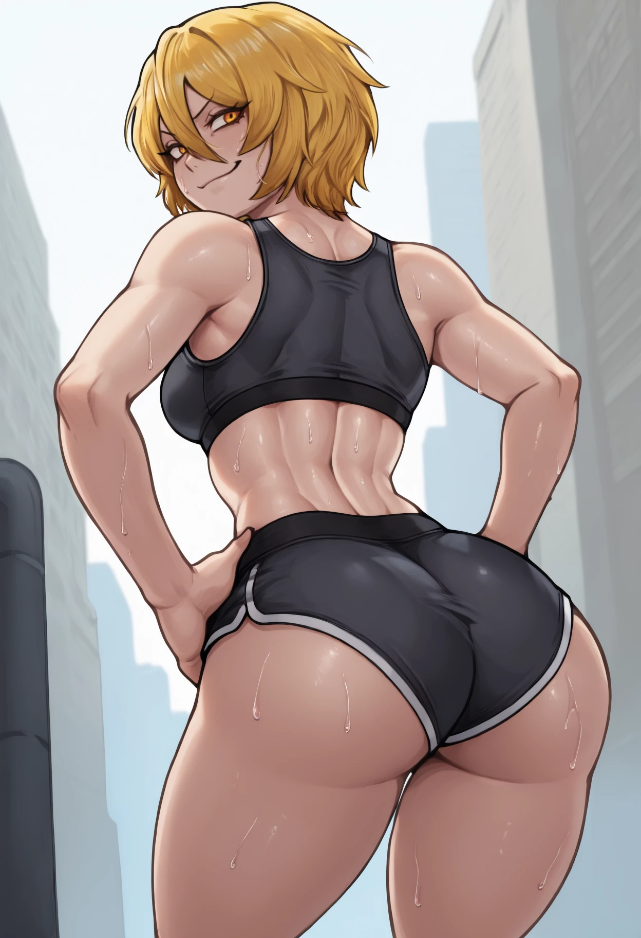 masterpiece, best quality, from behind, solo, 1girl, d0nquix0tedef, sweat, smirk, looking back, hands on own hips, short hair, blonde hair, hair between eyes, yellow eyes, black sports bra, black shorts, micro shorts, ass, outdoors, day, city street
<segment:yolo-Anzhc Face seg 640 v2 y8n.pt,0.4,0.5//cid=1>