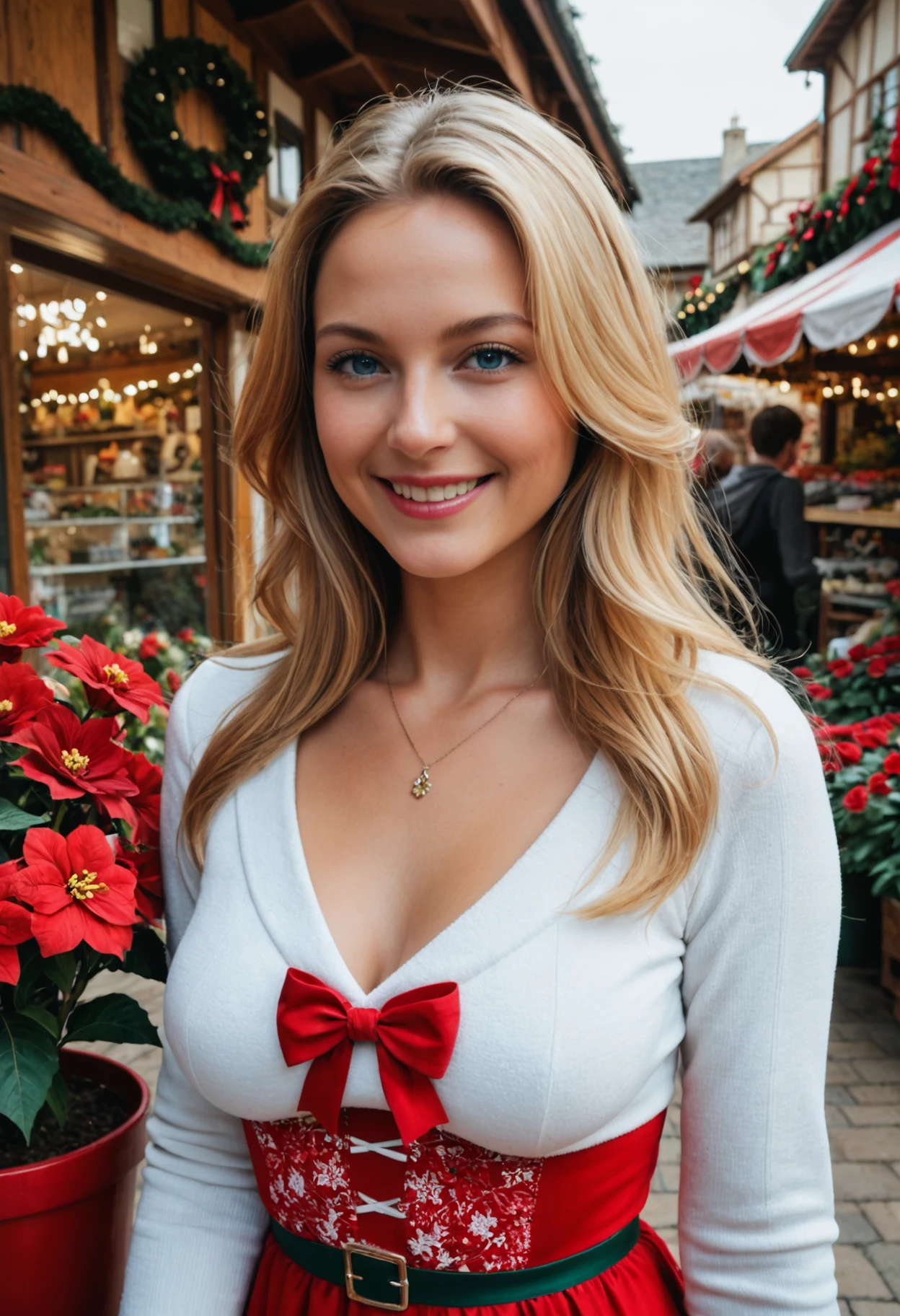 score_9, score_8_up, score_7_up, (rating_safe), highly detailed, detailed background, photo, photorealistic, solo, female, milf, large breasts, blonde hair, long hair, blue eyes, christmas dress, long sleeves, smiling, (red flowers in flower pots, poinsettia), village market, stall, close up, (outside) <lora:Poinsettia_Pony:0.25>