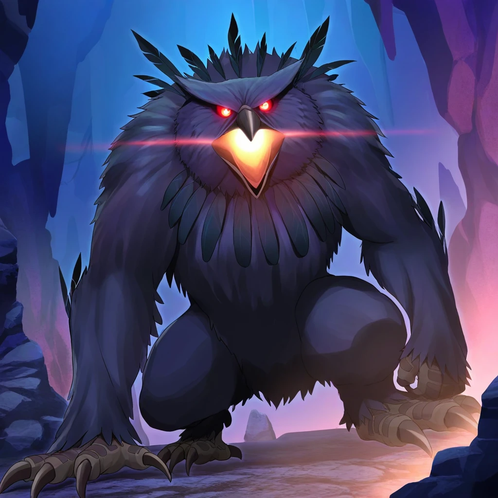 anime artwork  <lora:Owlbears-illustrious:1> owlbr, anime artwork, ultra detailed textures, masterpiece, ultra defined colors, 8k, cinematic, wide-angle shot, owlbear creature, dark obsidian feathers, glowing red eyes, deep shadowy cave, dim torchlight, rocky cavern walls, sharp talons illuminated by flickering light, chiaroscuro lighting, close-up shot, dramatic tension, moody fantasy scene . anime style, key visual, vibrant, studio anime,  highly detailed