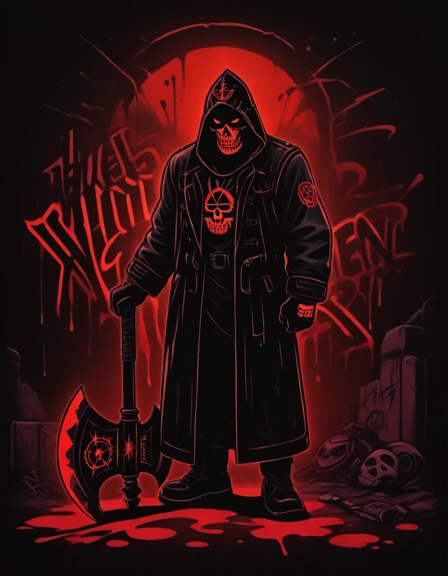 blgStyle, graffiti, black background,Wearing a mask made of twisted metal and gears, their attire is a tattered trench coat, dark gloves, and glowing red eyes peering from beneath a hood., Wearing bone-adorned armor and wielding a Viking-style battle axe, the hulking half-giant barbarian roars into the sky, his massive handaxe dripping with blood.  <lora:Blacklight_Graffiti_Style_IllustriousXL:1>