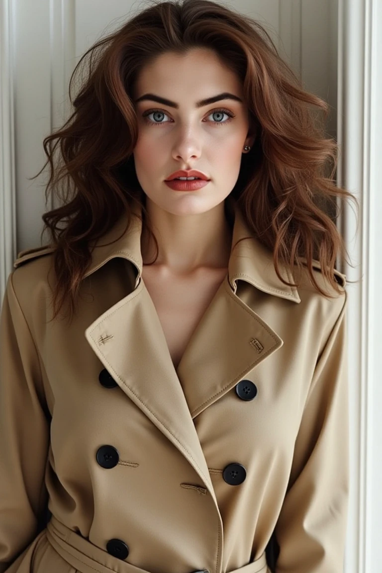 High quality realistic beauty shot of madchenflx. A close-up shot of a woman. She is wearing a double breasted trench coat. Her lips are light red color. Her hair is wavy and volumnous. The backdrop is a white wall.