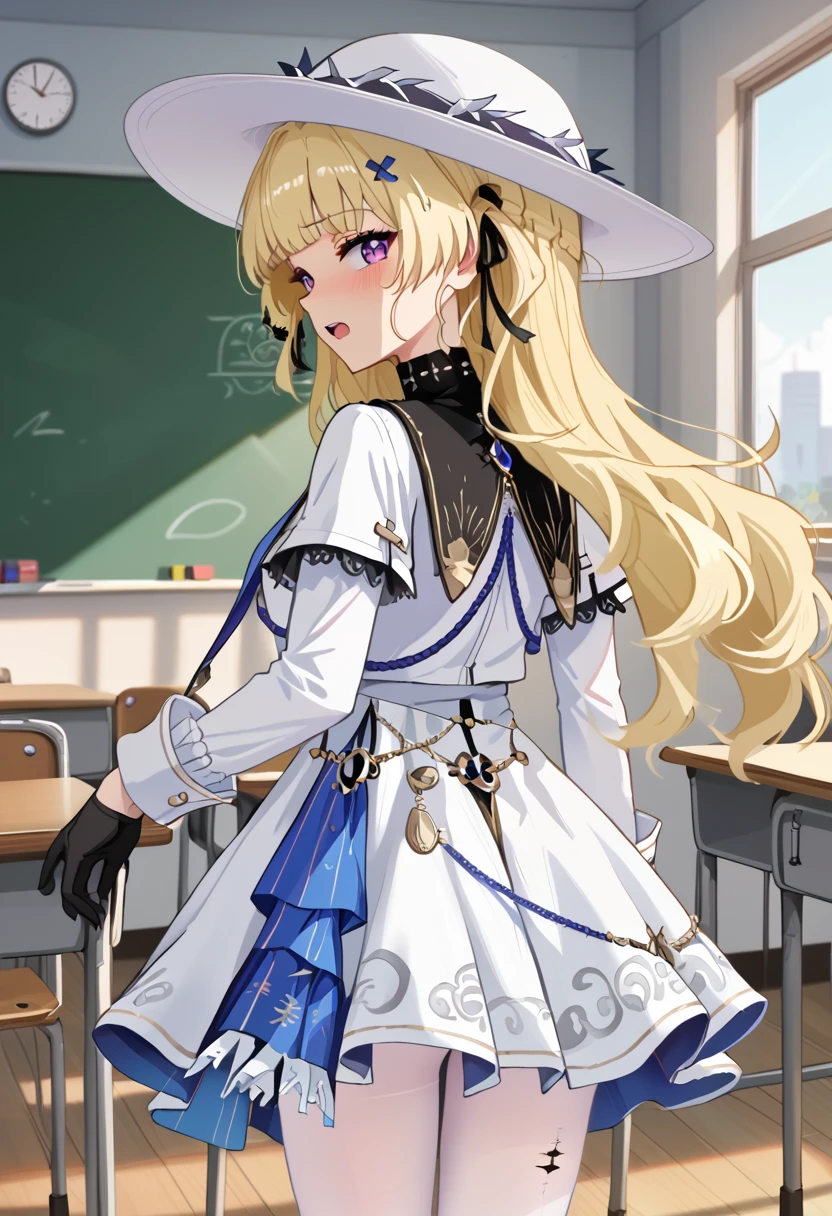 score_9_up, score_8_up, score_7_up, BREAK source_anime, (masterpiece), (best quality), 1girl, (explict), blonde hair, purple eyes, long sleeves, long hair, black gloves, white dress, hair ornaments,hat, white pantyhose, looking at viewer, opened mouth, blushed, from behind, BREAK classroom, anime screencap, masterpiece, best quality, newest, absurdres, highres, intricate detailed, long sleeves
