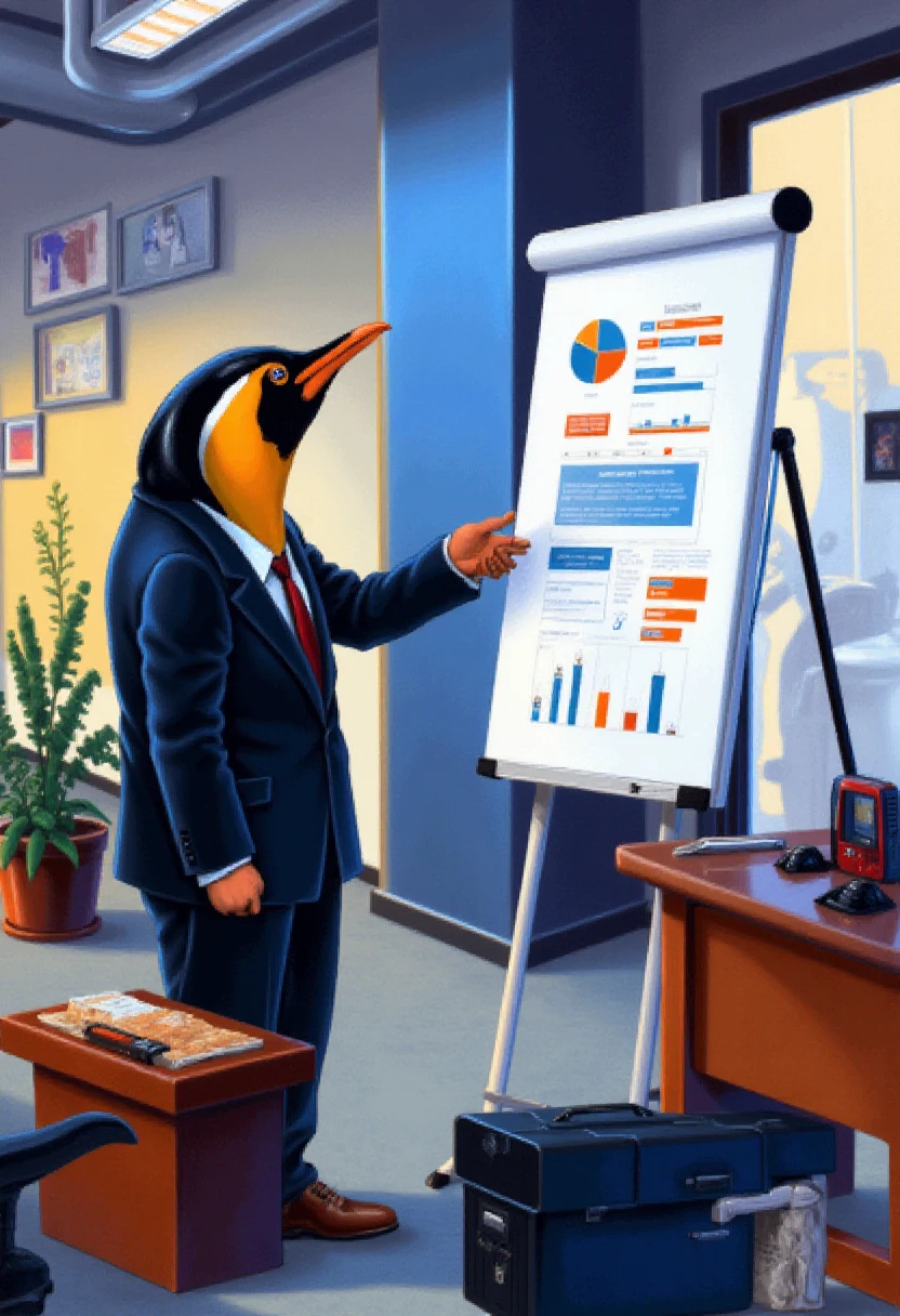 <lora:Sierra_Adventure_Games_VGA_Style_FLUX-Caption:0.9>
The image is a highly detailed, dramatic, and vividly colored drawing depicting  A penguin in a suit giving a presentation in a corporate office with charts on a whiteboard.