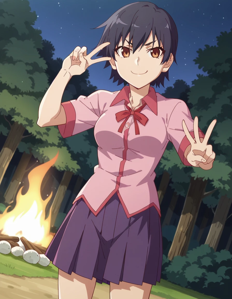 score_9, score_8_up, score_7_up, source_anime, <lora:suruga-kanbaru-offmonster-ponyxl-lora-nochekaiser:1>, suruga kanbaru, kanbaru suruga, short hair, black hair, brown eyes, medium breasts, anime screencap, skirt, school uniform, naoetsu high school uniform, pink shirt, collared shirt, purple skirt, pleated skirt, ribbon,, camping, bonfire, tent, stargazing, marshmallows, forest clearing, night, smile, v, v over mouth, smug,, looking at viewer, solo,, dutch angle, cowboy shot