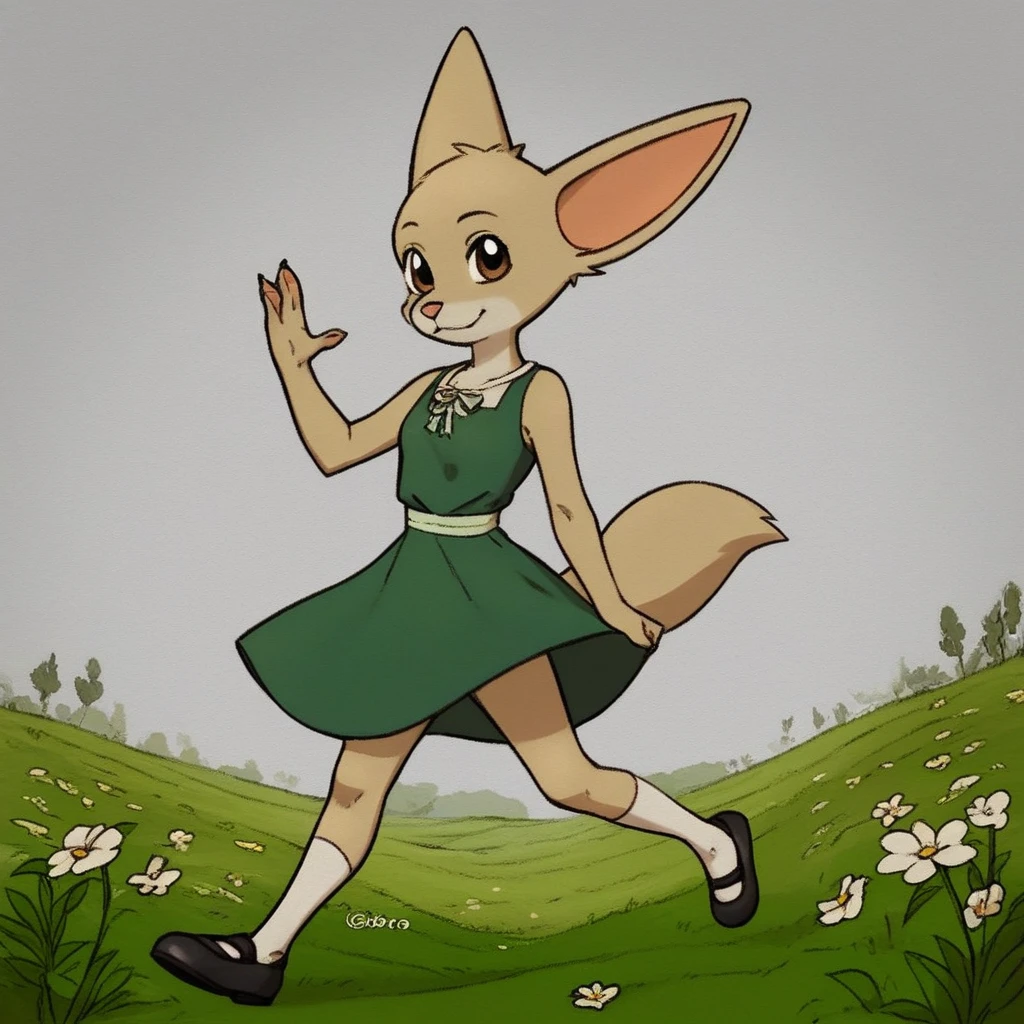 score_9, score_8_up, score_8, score_7, source_furry, Alecia Lewis, solo, 1girl, anthro, female furry, fox, foxgirl, Fennec fox, tan and white fur, brown eyes, large ears, fluffy tail, pink nose, slim figure, full body, looking at viewer, Green dress, white waist strap, tube socks, black Mary janes, skipping, smile, flower field setting,