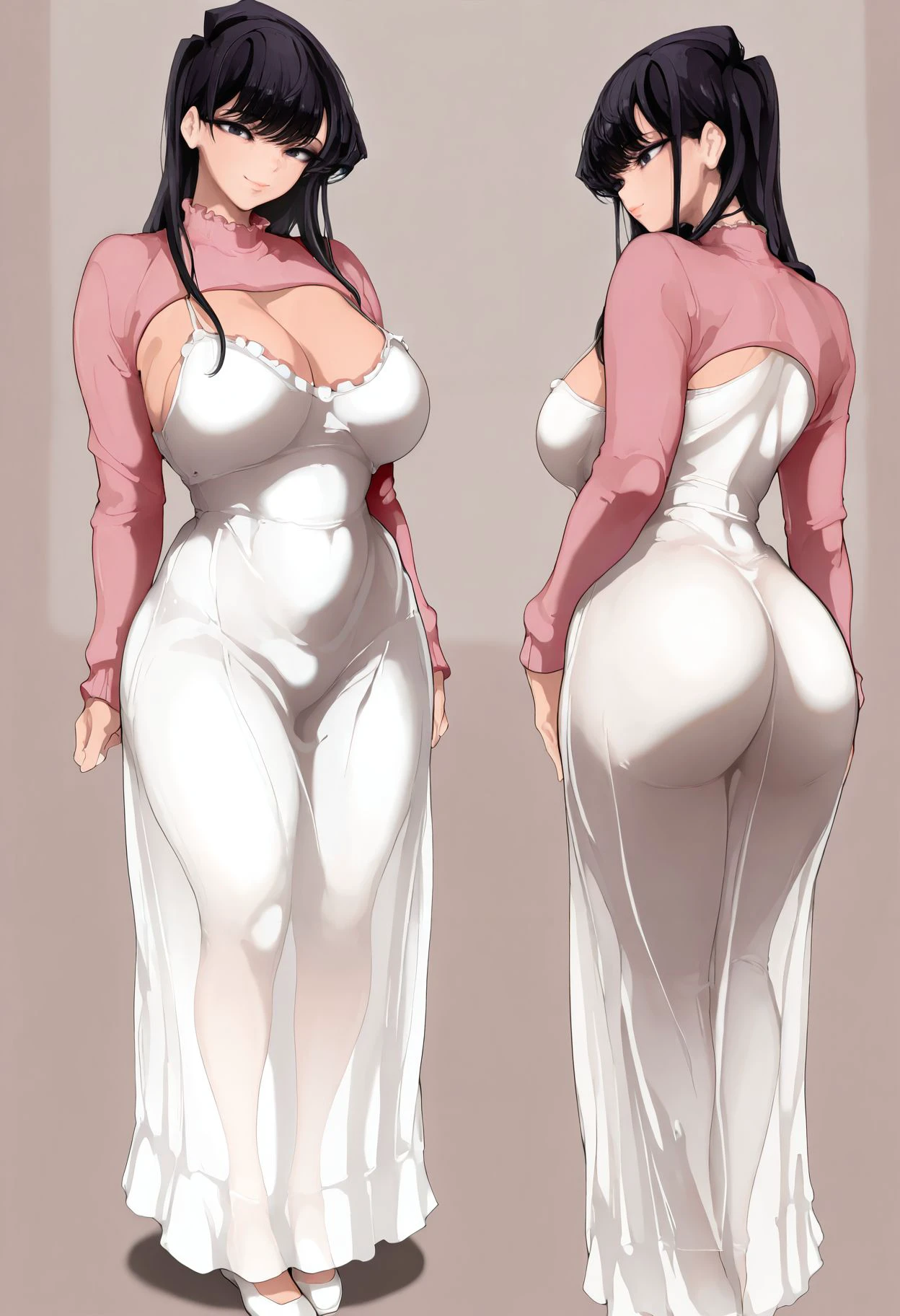 masterpiece,best quality,amazing quality,<lora:mamimi_mamamimi_style_illustrious_goofy:1> mamimi  style,komi shouko, 1girl, ass, black eyes, black hair, breasts, closed mouth, female focus, full body, large breasts, long hair, smile,standing, white dress, long dress, frilled dress, shrug \(clothing\), long sleeves,pink cardigan, see-through clothes,