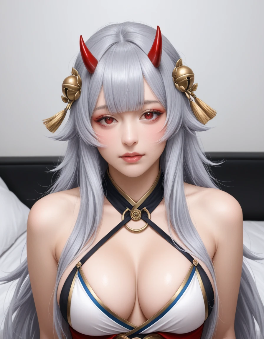 hibiki \(azur lane\), azur lane, 1girl, oni horns, horns, red eyes, grey hair, long hair, very long hair, hair ornament,, DSLR,realistic,cosplay photo, (very awa,masterpiece,best quality,year 2024,newest,absurdres,highres:1), realistic,skin texture,facial features, photography shot with Canon EOS 5D Mark IV , realistic, RAW, best quality, masterpiece, amazing quality, skin details,, <lora:sd_xl_dpo_lora_v1:1>  [Enhance] High resolution, ultra-detailed, photorealistic rendering. Intricate textures and shading, lifelike skin tones and imperfections. Cinematic lighting and depth of field effects. Natural, expressive poses and facial expressions capturing genuine emotion. Believable interactions and relationships between characters. Authentic clothing materials, wrinkles, and draping. Realistic environmental details, clutter, and wear-and-tear. Subtle atmospheric elements like dust motes, lens flares, and shallow focus. Evocative color grading and cinematography conveying mood and tone. Seamless composition and framing drawing the eye naturally. Plausible scale, proportions, and physics. Minimal artifacts, noise, or uncanny valley traits. Professional post-processing and touch-ups for polished final presentation. [/Enhance]