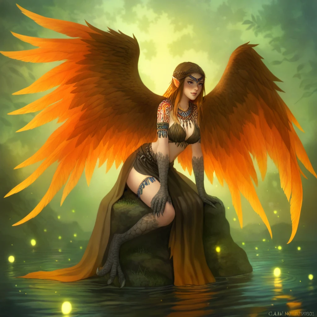 Tribal style  hrpx, dark fantasy, dark fantasy style, dark painting, harpy creature, half woman, half bird, wings, female woman head, serene harpy, perched on a rock by a still lake, wings folded elegantly, twilight colors reflected in the water, soft ambient lighting, calm ripples and glowing fireflies surrounding her, close-up perspective highlighting her gentle expression, tranquil and dreamlike mood
 <lora:Harpies-illustrious-000006:1> . Indigenous, ethnic, traditional patterns, bold, natural colors, highly detailed