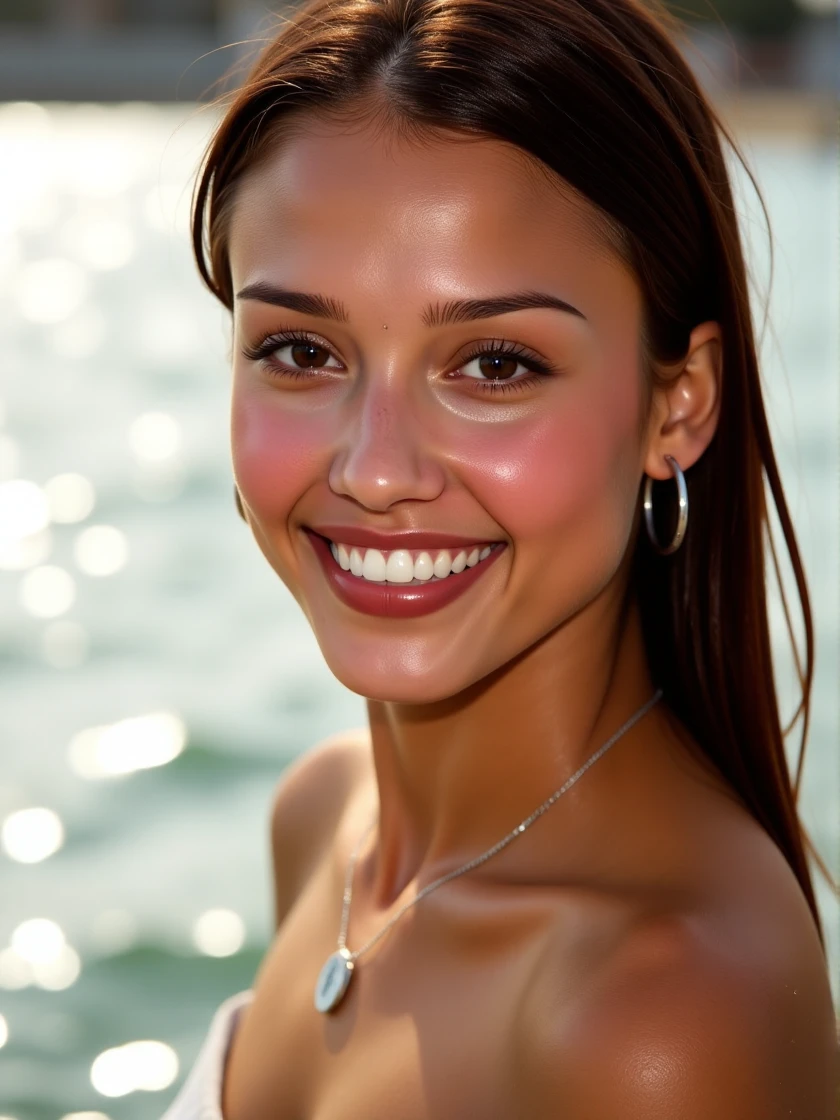 <lora:Jessica_Alba:1> woman, tan, smile, looking directly at the viewer, looking directly at the camera, making eye contact, looking straight ahead, extreme close-up, zoomed, focus on face, centered, macro shot, face centered, focus on eyes, modest clothes, modest apparel, chest covered, modesty <lora:zz_s_Chest_Size_Slider:-2>, colorful lipstick, eye shadow, and eye liner that match outfit, blush, silver necklace, silver bracelets, silver rings, silver hoop earrings, silver hairclips, wearing only a towel, carrying a Bowie knife, walking in the water towards the viewer, soaking wet, water dripping from skin, water dripping from hair, soaking dripping wet hair, golden hour, backlighting, glistening skin, bright backlighting, hair aglow <lora:zz_s_Image_Upgrader:0.25> aidmaimageupgrader