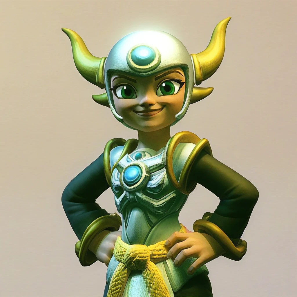 pale-skinned female, green eyes, helmet, headgear, horns, chest armor, white armor, long sleeves, loose sleeves, tied belt, yellow belt, black pants, black sleeves, close up, upper body, smile, happy expression, hands on hips,