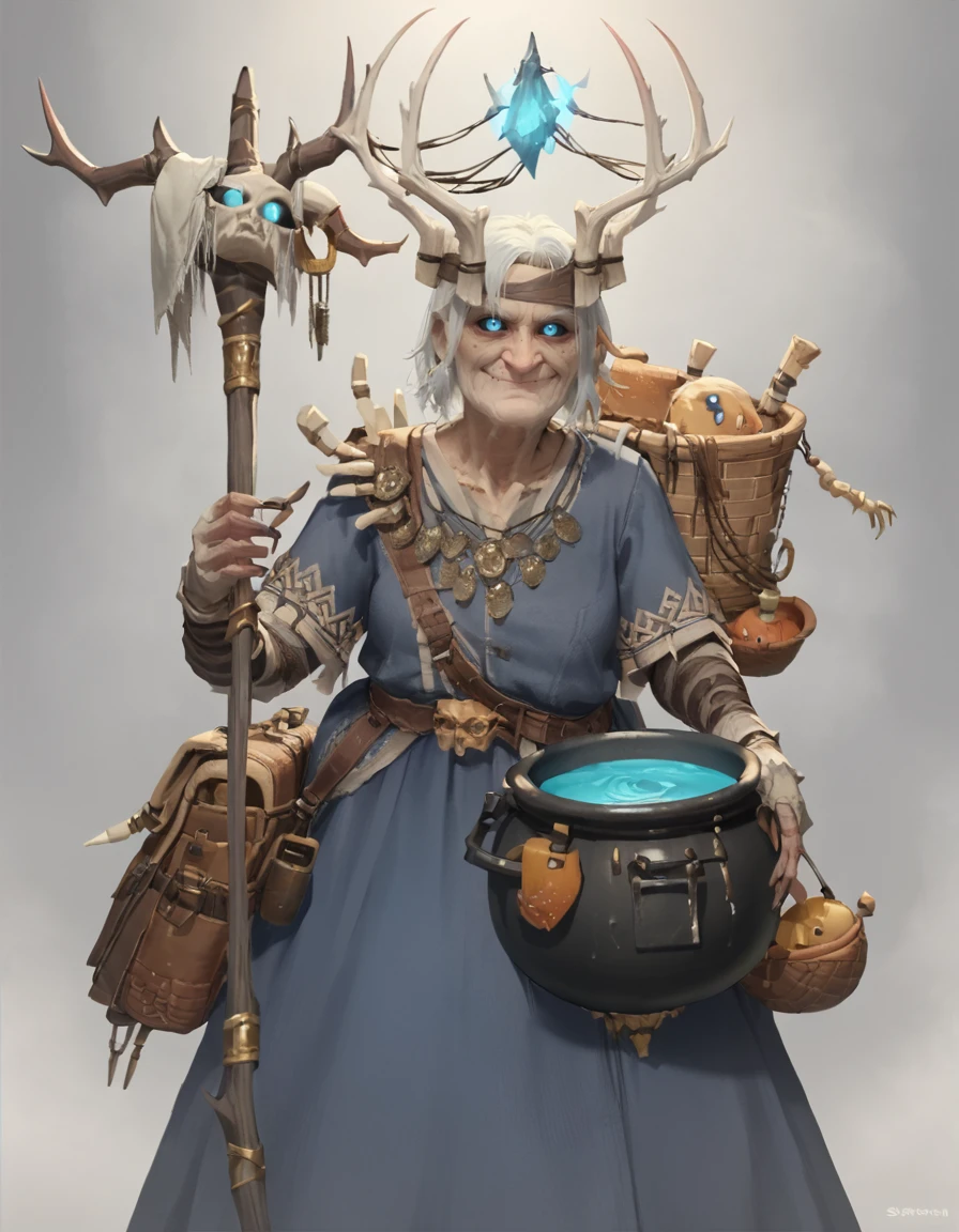 score_9, score_8_up, score_7_up,
Ostankya, 1girl, old woman, blue dress, gloves, white hair, blue eyes, black sclera, horns, antlers, jewelry, long fingernails, holding staff, backpack basket, cauldron,
looking at viewer, evil smile,
 <lora:Ostankya_PonyXL:0.8>