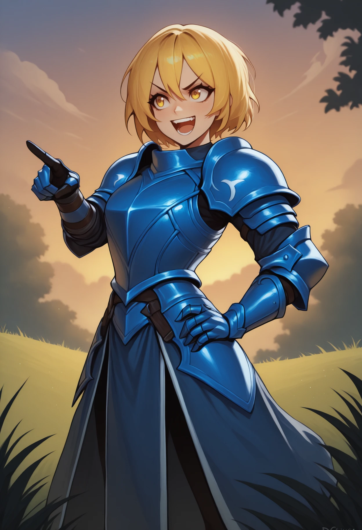 anime, masterpiece, best quality, solo, 1girl, dnqxcinq, :d, teeth, looking away, standing, hand on own hip, outstretched arm, pointing, short hair, blonde hair, yellow eyes, v-shaped eyebrows, blue armor, shoulder armor, pauldrons, breastplate, gauntlets, outdoors, sunset, cloud, grass, tree, bush
<segment:yolo-Anzhc Face seg 640 v2 y8n.pt,0.4,0.5//cid=1>