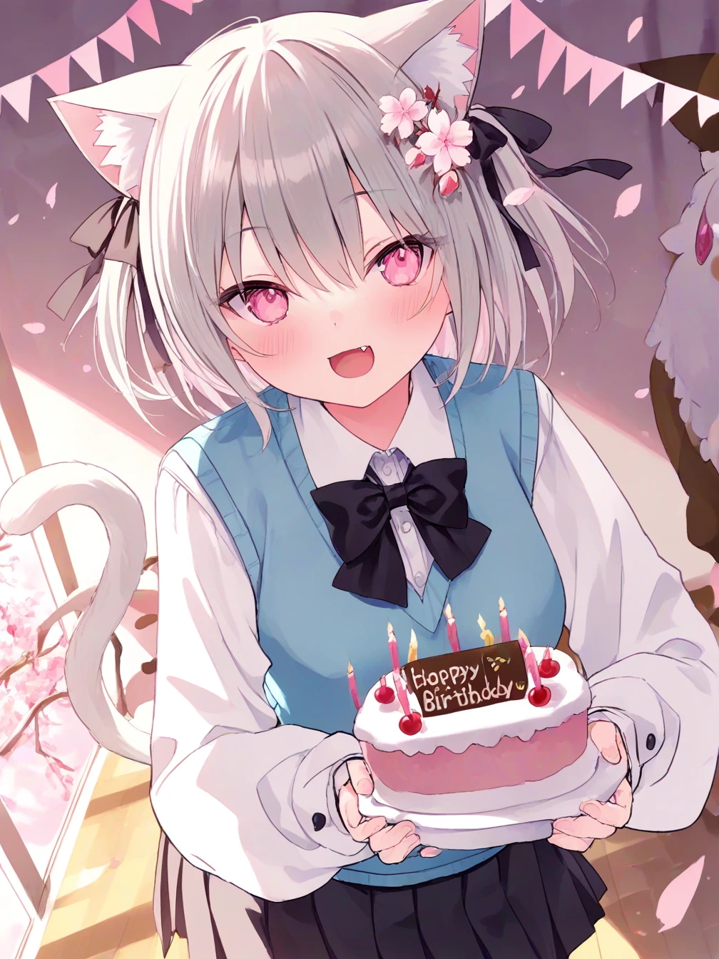 1girl,solo,cherry blossoms,pink flower,hair flower,hair ribbon,cat ears,animal ear fluff,hair ribbon,pink eyes,grey hair,short hair,two side up,bangs,hair between eyes,blush,fang,long sleeves,bow,white shirt,puffy sleeves,collared shirt,sleeves past wrists,black bow,puffy long sleeves,blue vest,sweater vest,pleated skirt,black skirt,cat tail,
hands holding cake,looking at viewer,smile,open mouth,leaning over, birthday party,happy birthday,indoor,candle,bunting,room,cake, front view,
<lora:ill-xl-01-rurudo_3-000034:1>,, masterpiece, best quality, newest,