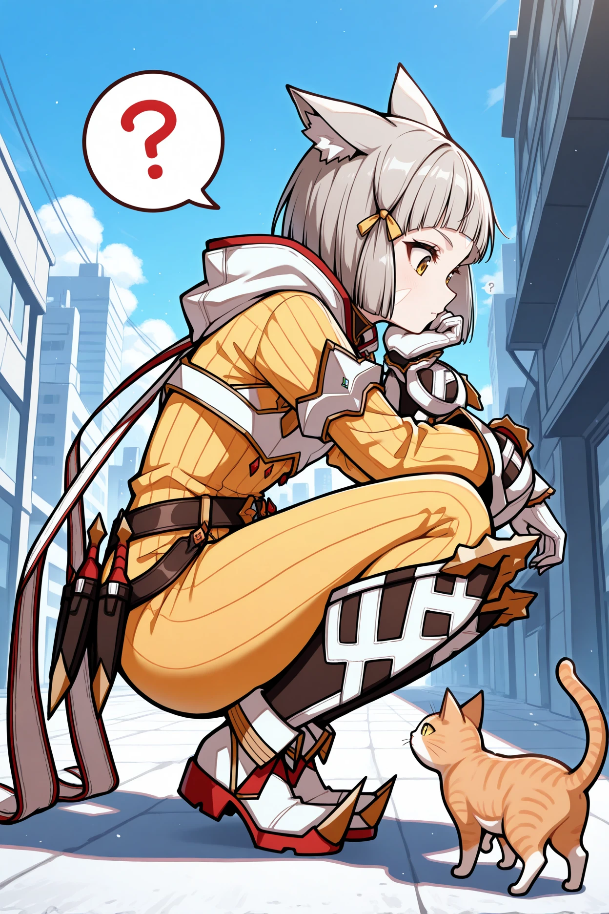 masterpiece, best quality, 1girl, solo, <lora:nia-illu-nvwls-v1_1-000006:1> xc2N1a, cat ears, grey hair, short hair, blunt bangs, facial mark, hair ribbon, yellow bodysuit, long sleeves, belt, white gloves, boots, squatting, looking at cat, looking down, from side, cat, hand on own chin, spoken question mark, blue sky, city