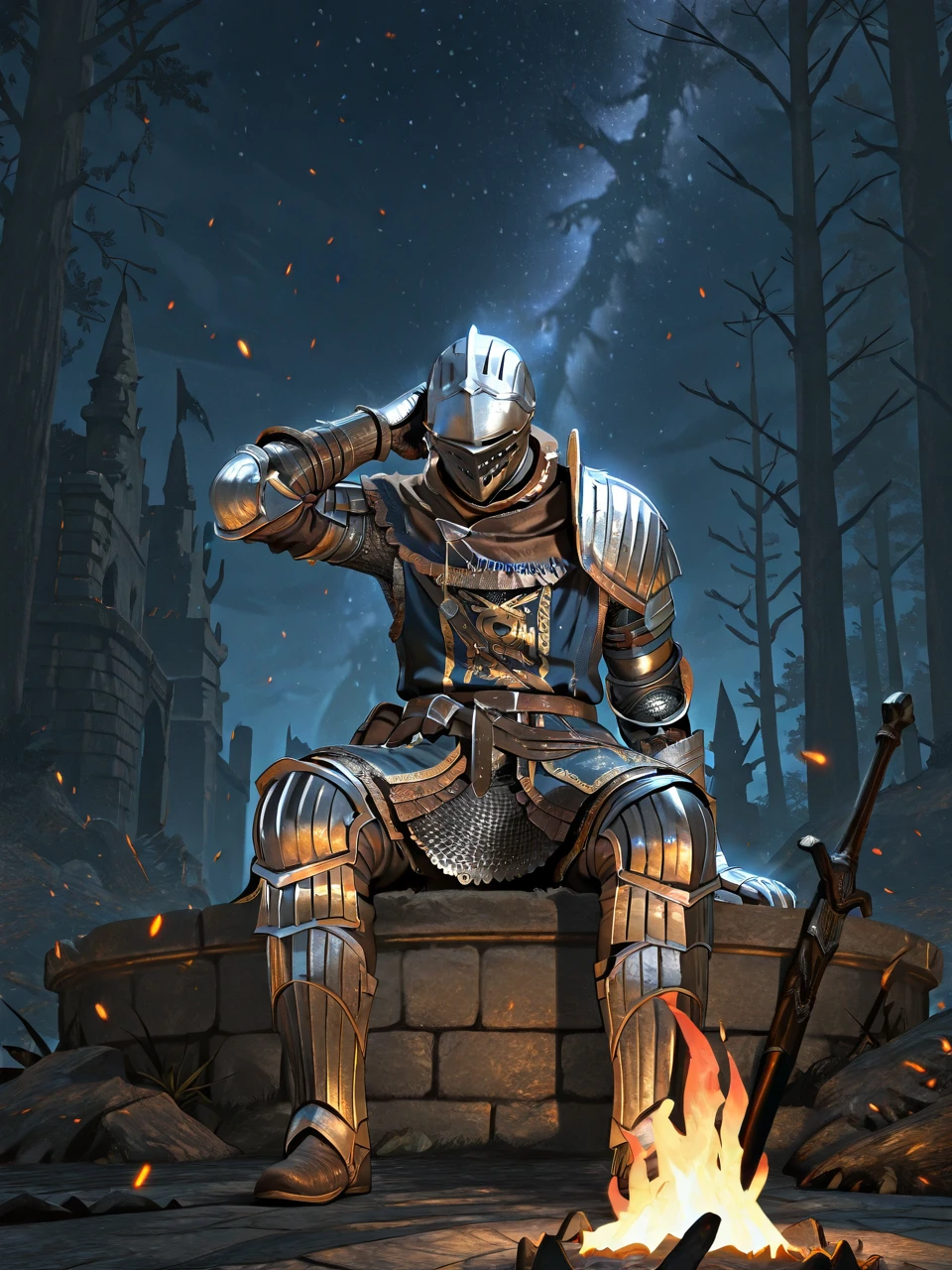 highres, masterpiece, best quality, cinematic lighting, 1boy solo male sitting, hand_behind_head, forest rocks castle ruins, night sky stars, embers, <lora:Elite_Knight_Set__Dark_Souls__Illustrious-000020:0.9> elite_knight dark souls knight, armor, helmet, shoulder armor pauldrons, gauntlets, chainmail, blue embroidered tabard, boots, masterpiece, best quality, amazing quality