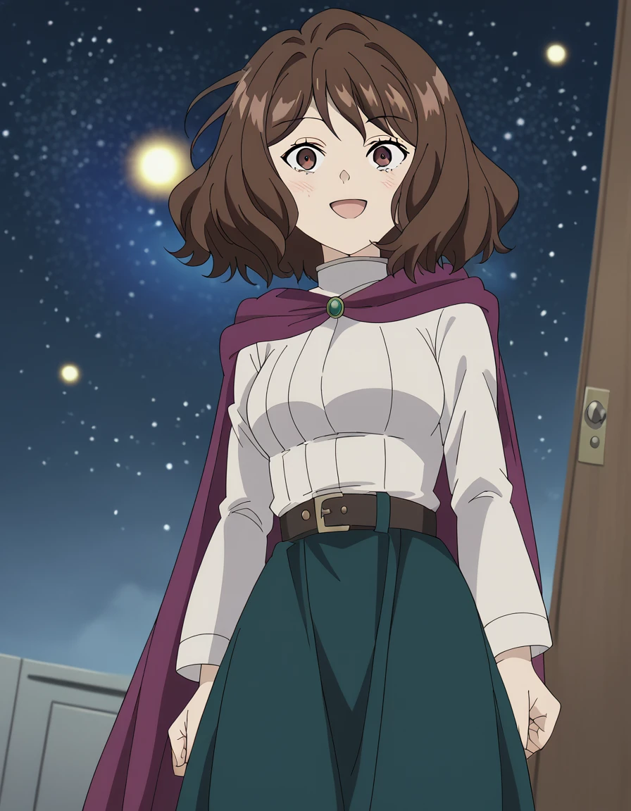 score_9, score_8_up, score_7_up, source_anime, <lora:ehre-s1-ponyxl-lora-nochekaiser:1>, ehre, short hair, brown hair, brown eyes, medium hair, medium breasts, anime screencap, skirt, long sleeves, dress, belt, cape, purple cape, changing room, lockers, benches, clothes, privacy, smile, <lora:space-cat-ponyxl-lora-nochekaiser:1> space cat, space cat (meme), galaxy, meme, space, galaxy background, universe, nebula, star (sky), blank stare, looking up, open mouth, blush, cowboy shot, looking at viewer, solo,, dutch angle, cowboy shot