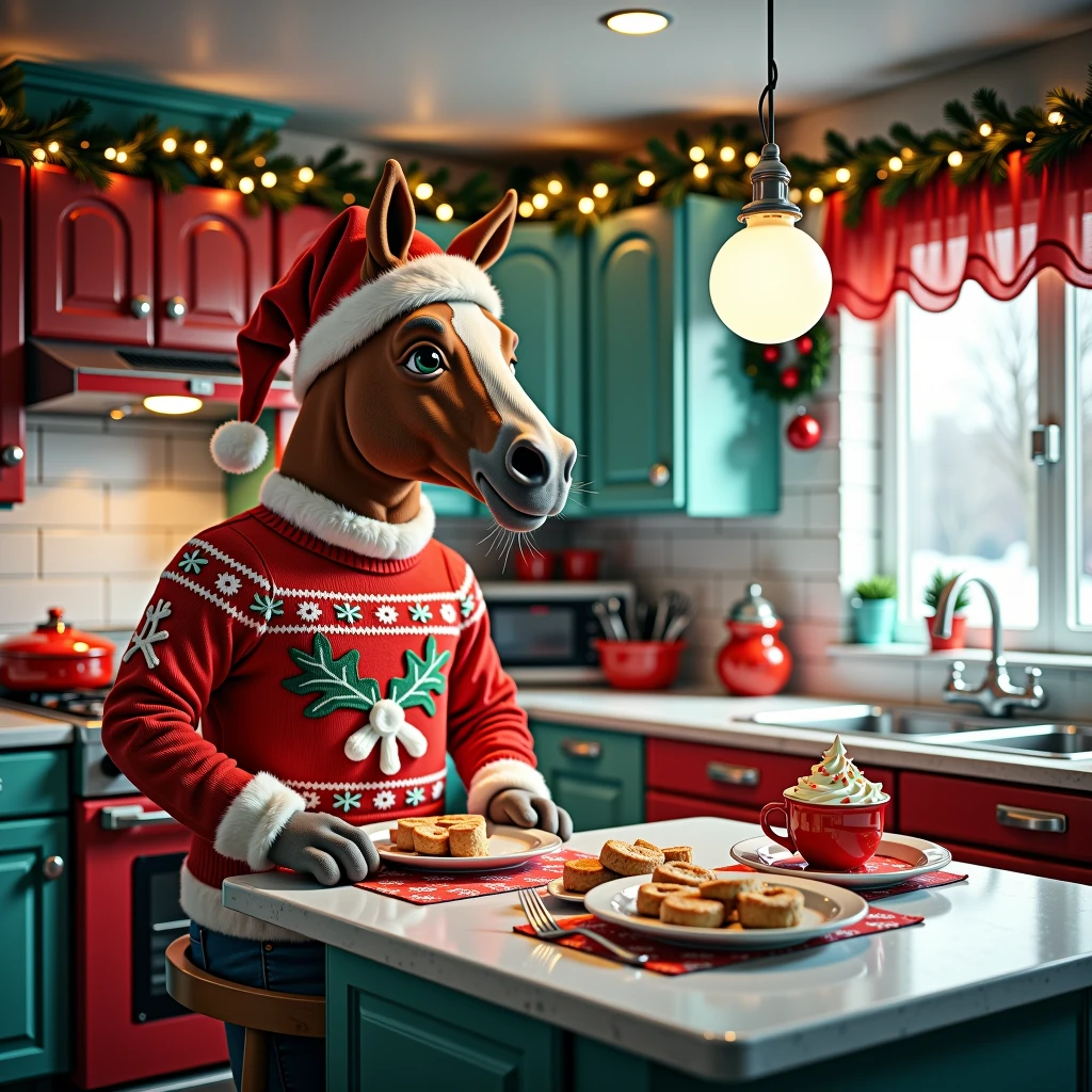 kitchen_christmas_style,horse,christmas sweater,christmas red hat,