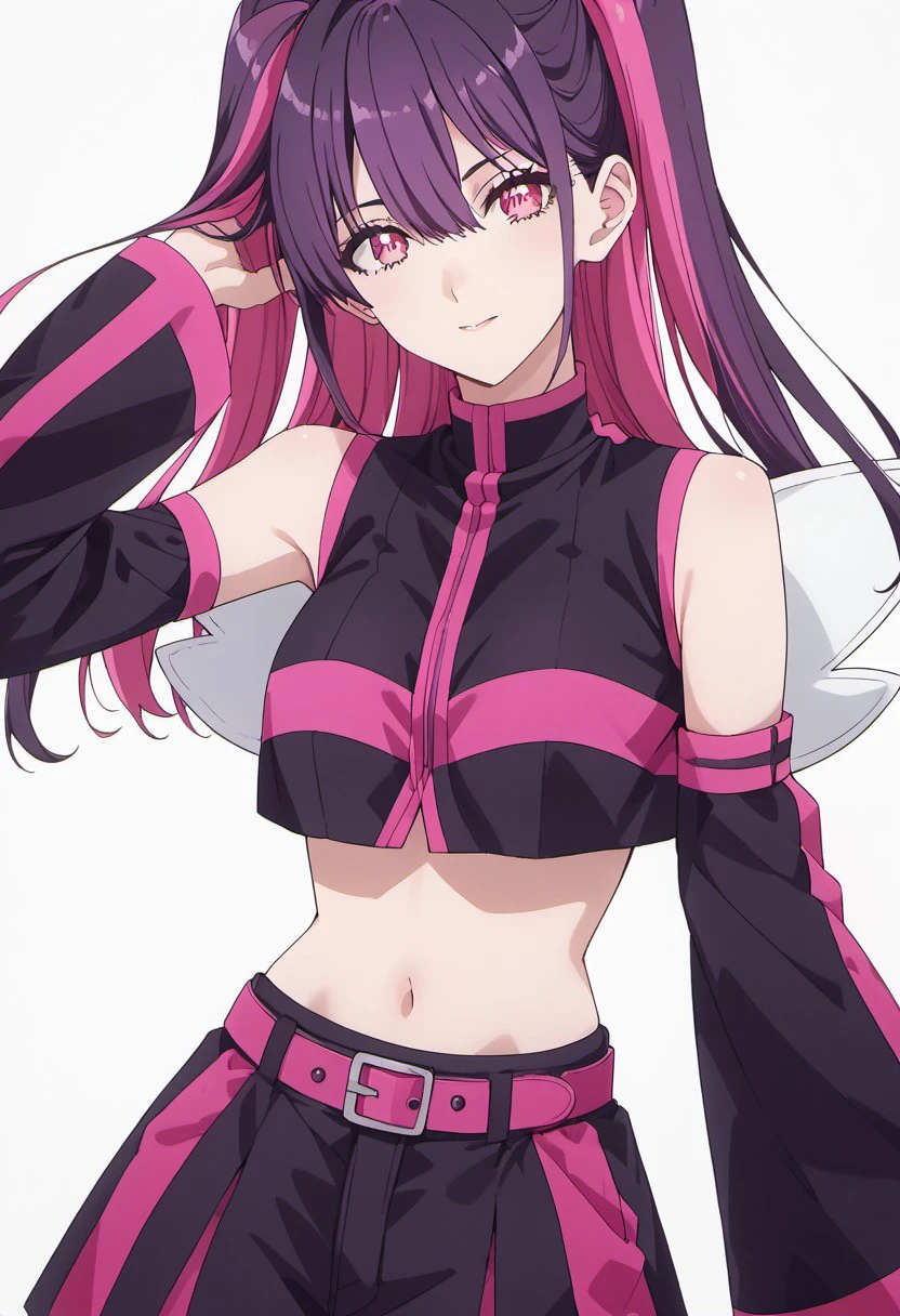 score_9, score_8_up, score_7_up, source_anime, tachibana mikari, long hair, pink hair, purple hair, multicolored hair, pink eyes, two-tone hair, 1girl, solo, navel, detached sleeves, looking at viewer, two side up, midriff, belt, black sleeves, black hair, hand in own hair, crop top
