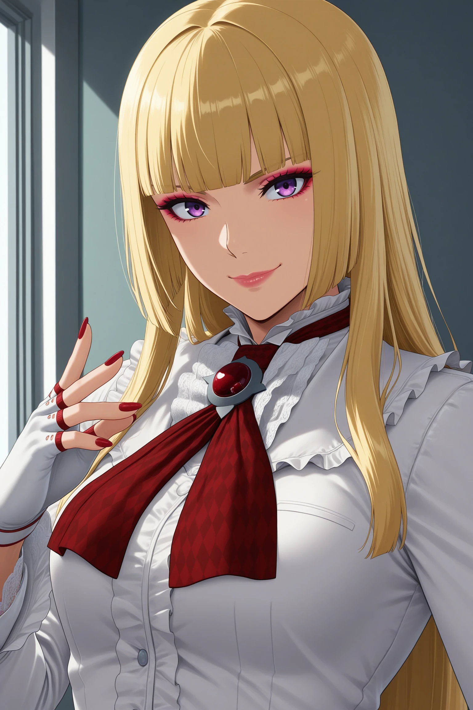 masterpiece, best quality, amazing quality, highres, absurdres, very aesthetic, high resolution, ultra detailed, perfect details, 1girl, solo, indoors, medium breasts, lilit5p2, long hair, hime cut, blonde hair, blunt bangs, purple eyes, makeup, eyeshadow, lips, white jacket, white skirt, frills, frilled jacket, frilled skirt, white gloves, fingerless gloves, brooch, red neckerchief, white footwear, knee boots, high heel boots, <lora:Emilie_de_Rochefort_T5P2_ILXL:0.8>, (aged up:1.5), (upper body:1.8), (pose:1.2), smile, looking at viewer, (anime screencap:1.5), (anime coloring:1.5)