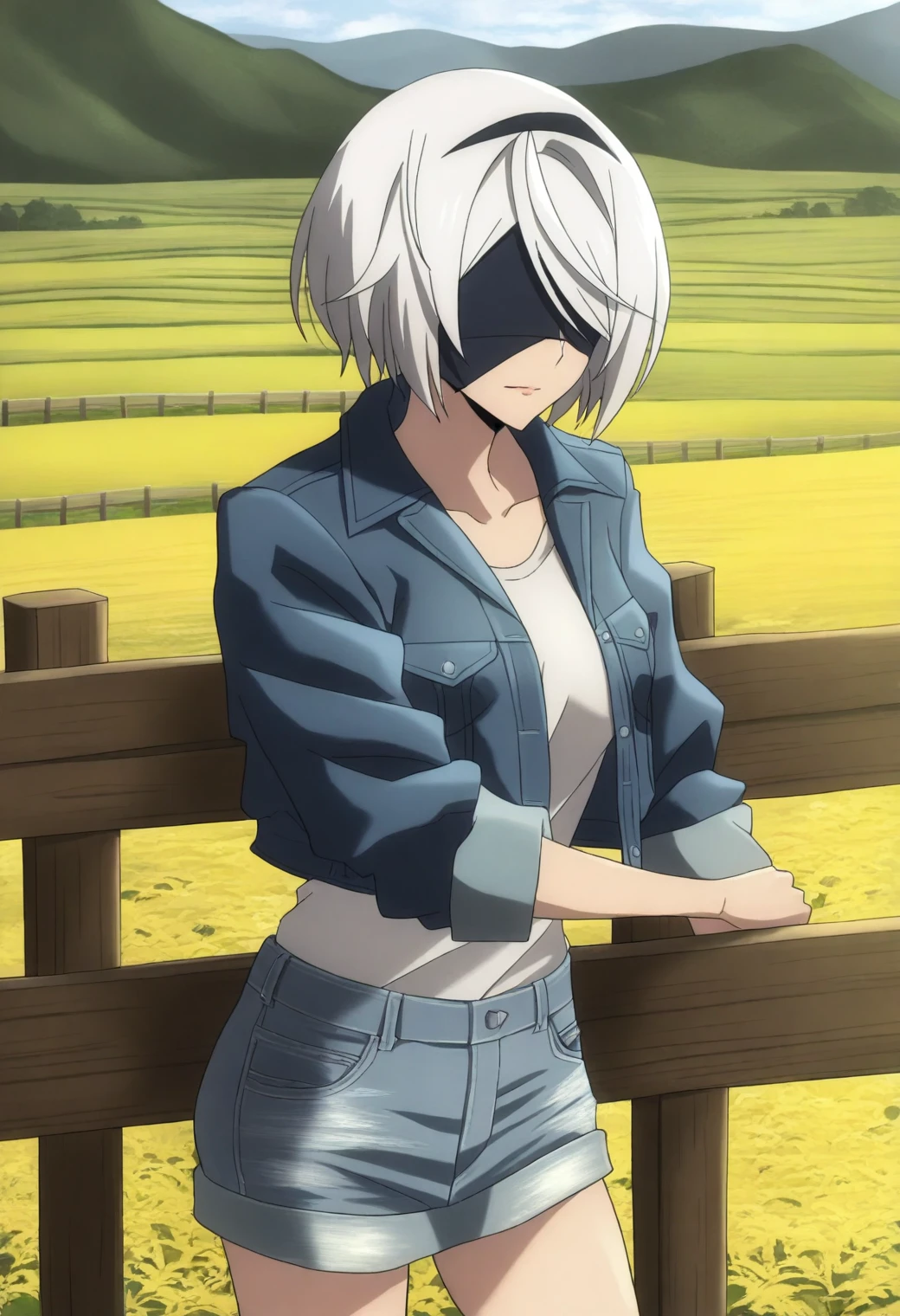 <lora:2B (YoRHa 2-gou B-gata) - [NieR - Automata Ver1.1a] - illustriousXL v1:1>, sysdeep_2b, style parody, white hair, blindfold,blue eyes , solo, Country road, denim jacket, standing by a wooden fence, relaxed expression