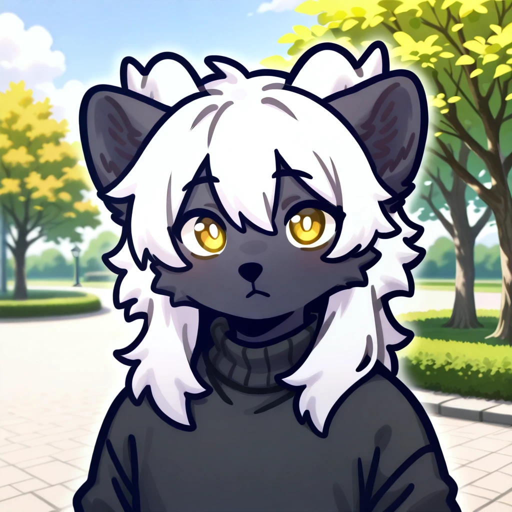 (2024, very aesthetic, newest, best quality, masterpiece,),
black fur, furry, dragon, black sweater, yellow eyes, white horns, white hair, park, park background, 1boy, solo, male,
mikus-fir, upper body