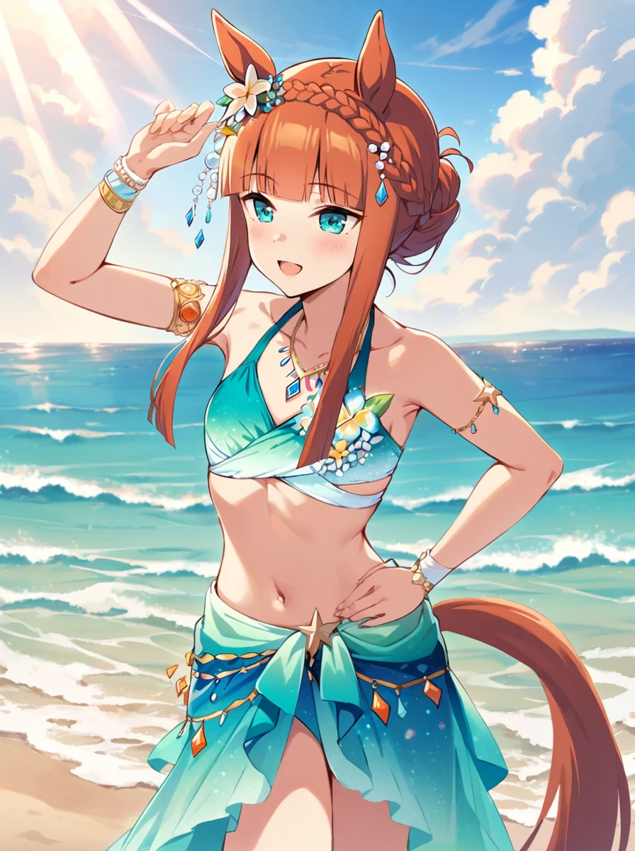 masterpiece, best quality,
silence suzuka \(umamusume\), 1girl, horse ears, official alternate swimsuit, horse tail, arm up, navel, official alternate hairstyle, bracelet, hair ornament, hand on own hip, necklace, standing, smile, open mouth, aqua bikini,  bare shoulders, sidelocks, blue sarong, legs, braided bun, armlet
cowboy shot,light rays,lens flare,,outdoor, beach, ocean, sand, 
 <lora:SDXL_silence_suzuka_v1.0:0.8>