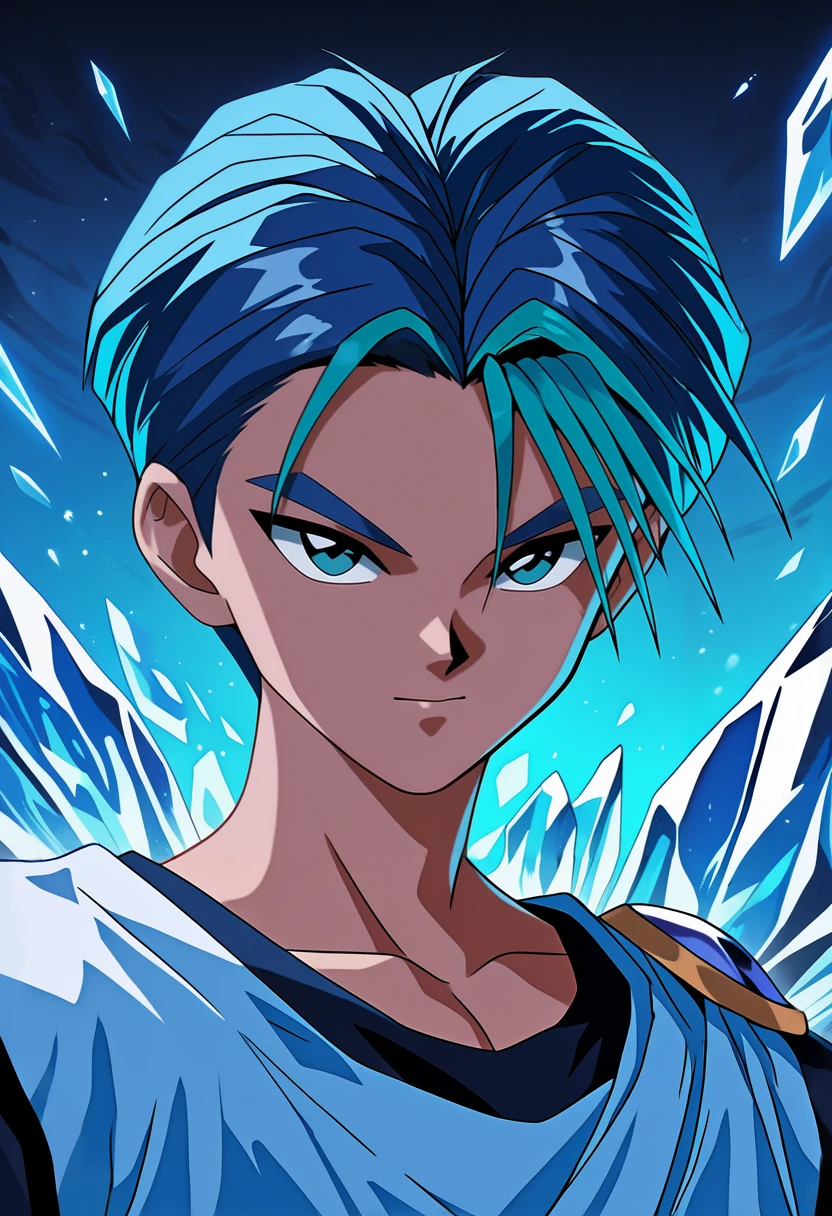 masterpiece, best quality, vibrant, very aesthetic, high contrast, 1boy, <lora:Touya_YuYu_Hakusho_ILLU:0.8> touya_yyh, two-tone hair, blue hair, green bangs, white tunic, looking at viewer, portrait, ice magic, frost steam, blue theme, ice shards, forst aura, , 1990s \(style\), masterwork, raytracing, highly detailed, absurdres, masterful composition, cinematic lighting, rim lighting