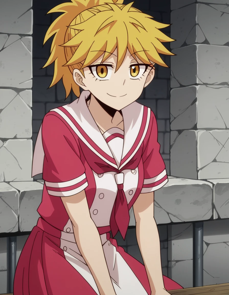 score_9, score_8_up, score_7_up, source_anime, <lora:yuuka-sasaki-s1-ponyxl-lora-nochekaiser:1>, yuuka sasaki, short hair, blonde hair, yellow eyes, ponytail, anime screencap, dress, school uniform, sailor dress, red neckerchief, white sailor collar,, prison cell, bars, bed, stone walls, isolation, smile, sitting, elbow rest, table,, looking at viewer, solo,, dutch angle, cowboy shot