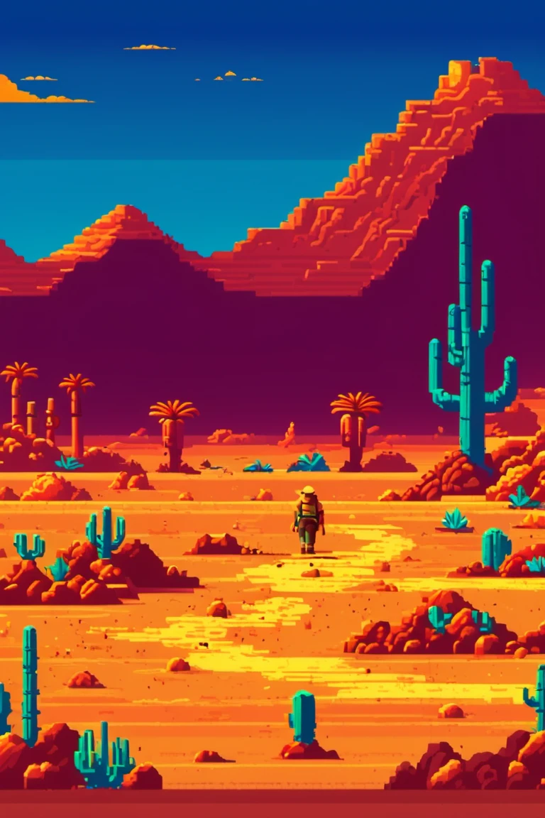 "8-bit pixel art desert level, pixelated sand dunes, cacti in the background, game character walking, retro color palette with warm yellows and browns, bright blue skies with pixelated clouds, classic platformer style."