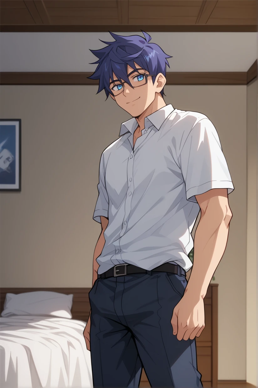 <lora:StyleAnimationNishikawaTakashi-07:1> SANT, 1boy, glasses, blue eyes, blue hair, black hair, white shirt, purple hair, bedroom, standing, smile, looking at viewer,, 8k, masterpiece, absurdes, highly detailed, highres, high quality, best quality, score_9, score_8_up, score_7_up, score_6_up, anime coloring, parody, style parody, official style, uncensored