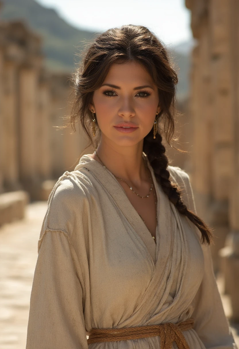 the image is a high-quality professional  close-up photograph of  beautiful hopedworaczyk .  She is wearing robe. She is looking directly at the viewer and smiling. The background is aqueduct. This photo is a headshot. Shot with small amount of film grain. This is a SFW image. 