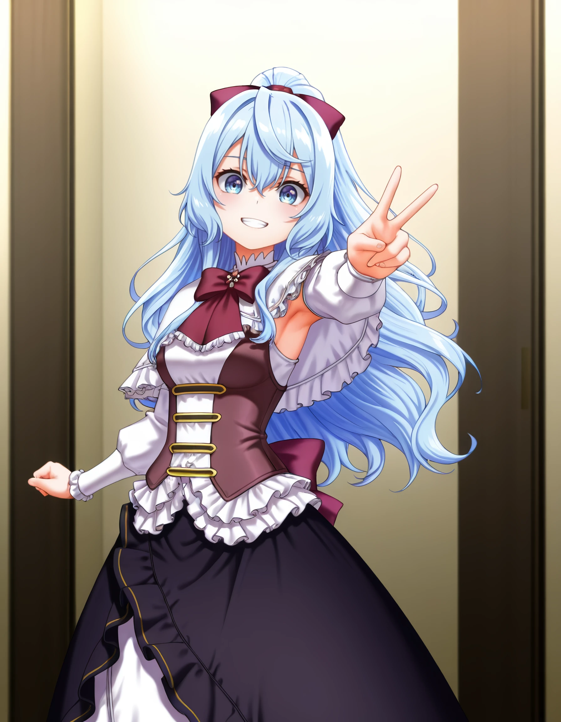 masterpiece, best quality, amazing quality, <lora:seirei_gensouki_-_liselotte_cretia_il:1> liselotte_cretia, long_hair, hair_between_eyes, blue_hair, ponytail, purple_bow, hair_bow, blue_eyes, white_shirt, long_sleeves, white_dress, frills, black_skirt, red_bowtie, white_capelet, frilled_capelet,
, by_royboy, medium_breasts, school_uniform, smile, blue_bow, 1girl, teeth, armpits, v, breasts, clenched_teeth, yellow_bow, solo, looking_at_viewer, bow