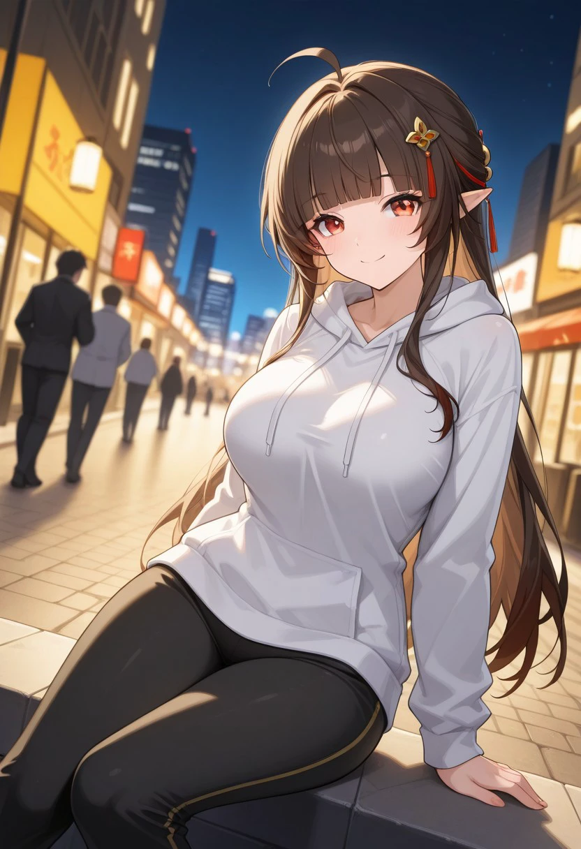 best quality, masterpiece, highres,
outside, look at viewer, volumetric_lighting, night, blurred background, city, street, tokyo, any pose, dutch angle, smiling, closed mouth, sit
white hoodie, black pants, long pants, alternate_costume,
LingshaHSR, 1girl, long hair, brown hair, ahoge, large breasts, hair ornament, red eyes, pointy ears, blunt bangs