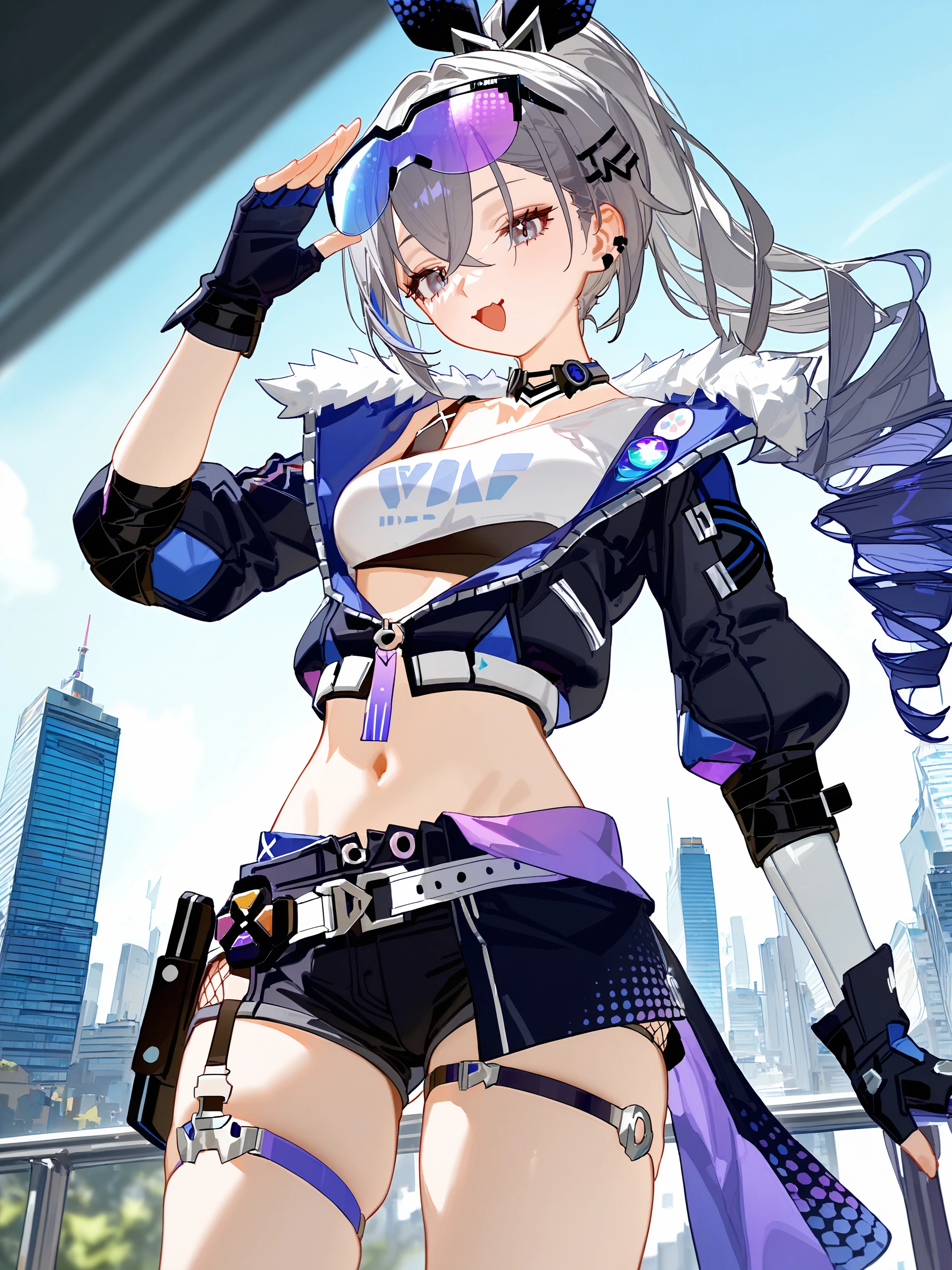 1girl, silver wolf \(honkai: star rail\), cropped jacket, fingerless gloves, black shorts, eyewear on head, sunglasses, thigh strap, hair ribbon, hairclip, crop top, choker, drill ponytail, standing, cowboy shot, smug, open mouth, naughty face, ojou-sama pose, from below, cityscape, skyline, depth of field <lora:Char-HonkaiSR-SilverWolf-V4-SDXL:0.9>, illustration, incredibly absurdres, ultra detailed, masterpiece, best quality, perfect features, intricate details, ray tracing, very aesthetic, (hitenkei, askzy:0.4), [<lora:XL-detailed_notrigger:0.95>::0.5], [:<lora:XL-aesthetic_anime:1>:0.5],