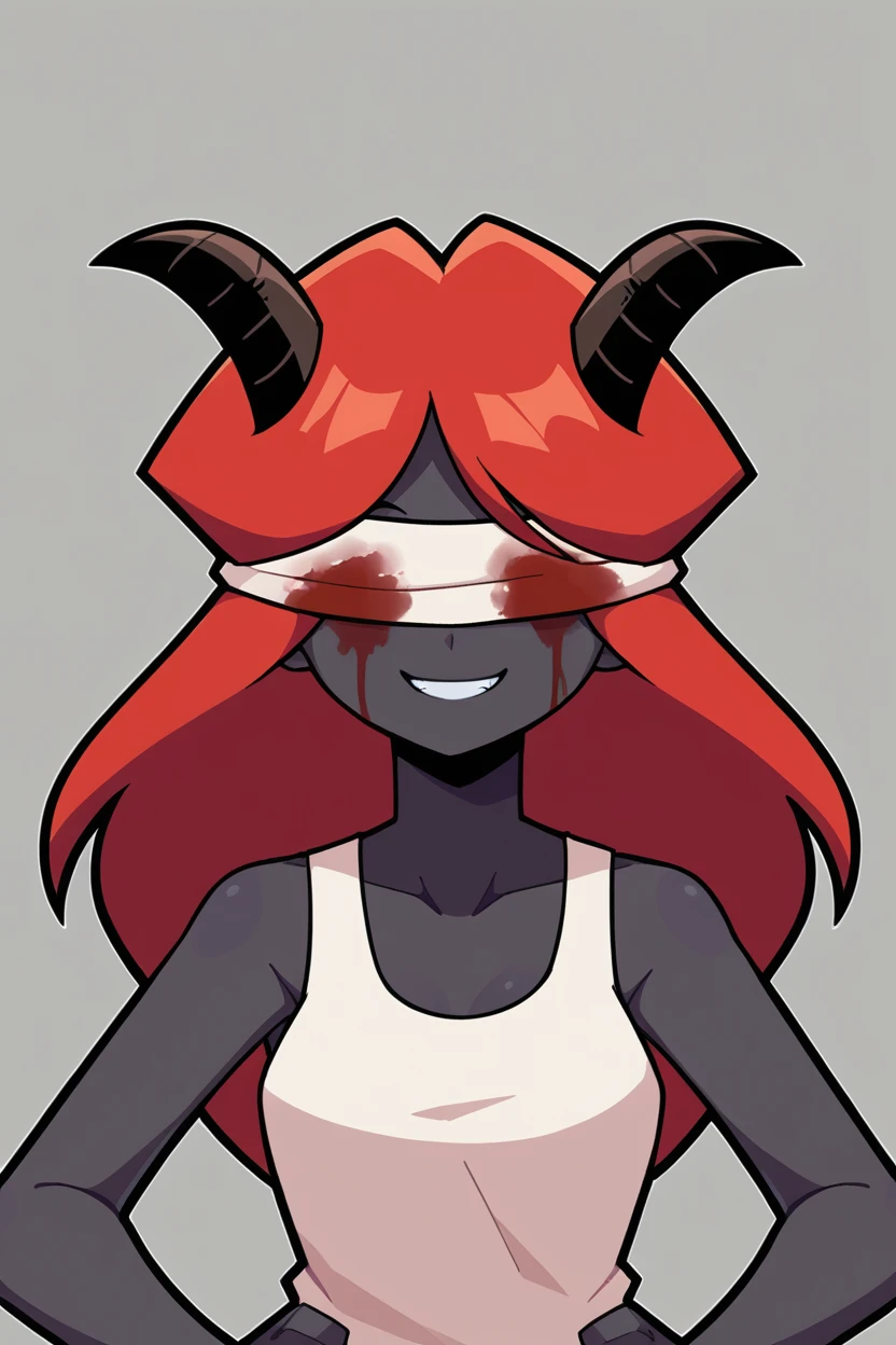 score_9, score_8_up, source_anime, BREAK 1girl, <lora:Lilith_-_Binding_of_Isaac:1>, l1lith, white blindfold, black horns, black skin, red hair, blood, smile, hands on hips, white tank top,