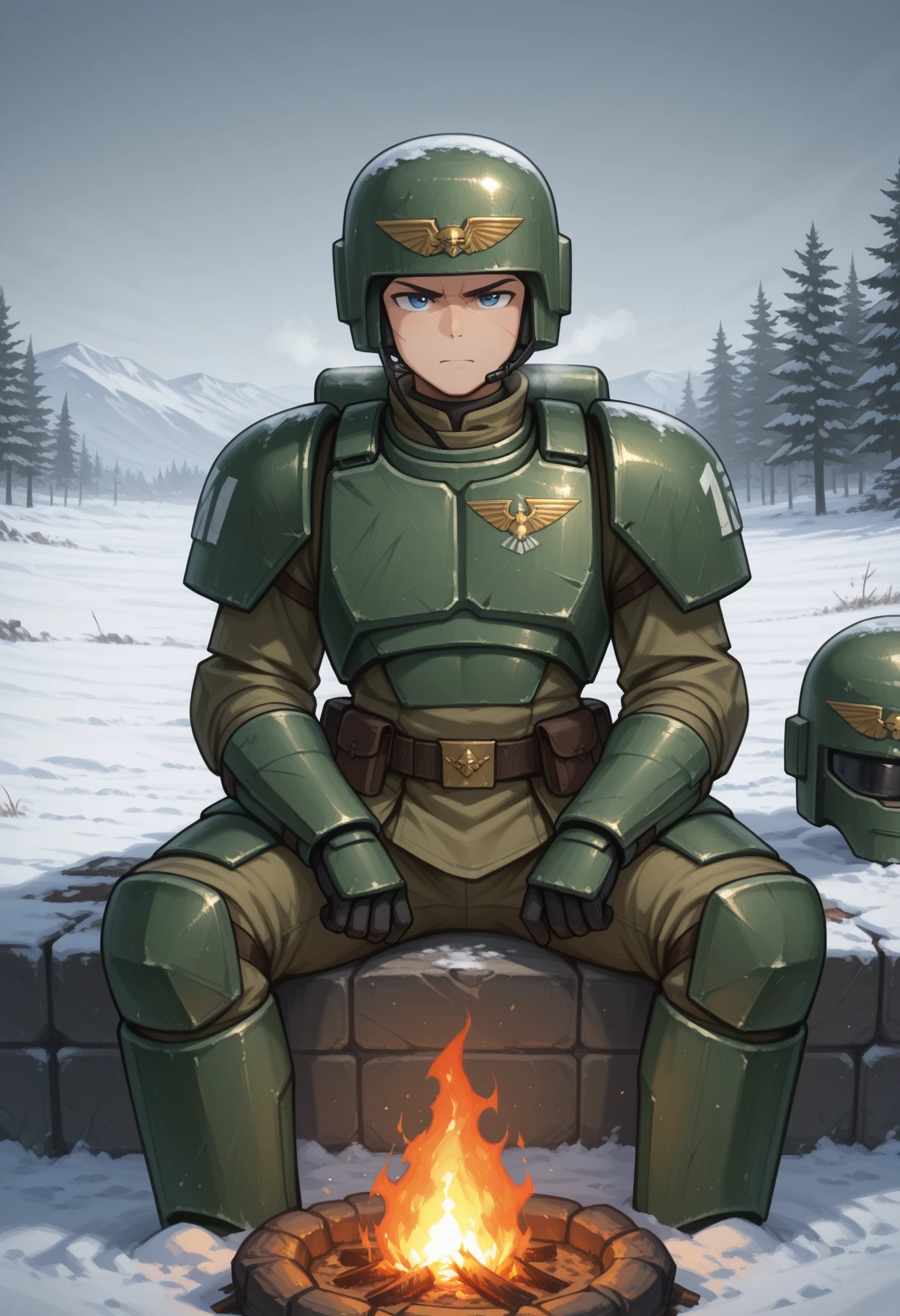 outdoors, snowy, campfire
1boy, armor, serious, helmet, astra militarum, sitting
<lora:cadian-il:1> cadian, masterpiece, best quality