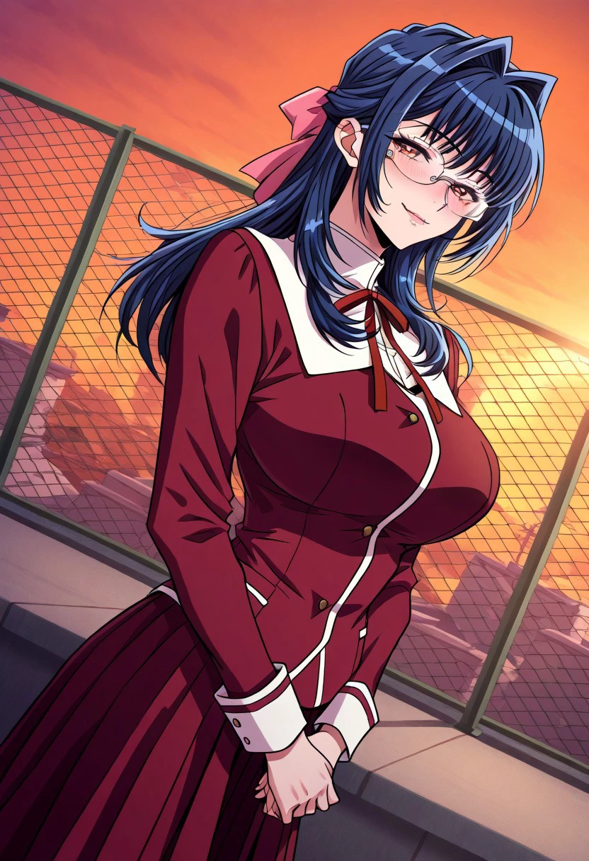 masterpiece, best quality, newest, highres, uncensored, 1girl, yokota mamoru style,1girl, slender face，motion lines,torogao,looking at the viewer,seductive smile,blush
Takeda Yukie,Blue Hair,Long Hair,Big Breasts,Amber Eyes,Slim,Slender Face,
1girl, solo, blue eyes, sunset, school uniform, chain-link fence, long hair, fence, brown hair, bow, hair intakes, dutch angle, ribbon, own hands together, hair bow, long sleeves, rooftop,wearing eye Glasses