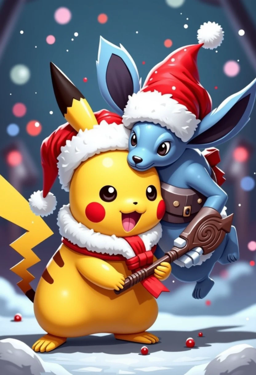 Pikachu, pokemon, Wearing a Santa Hat, in the pokemon gym battling vaporeon who is Wearing a Santa hat as well, christmas theme, animated, cartoon vibes