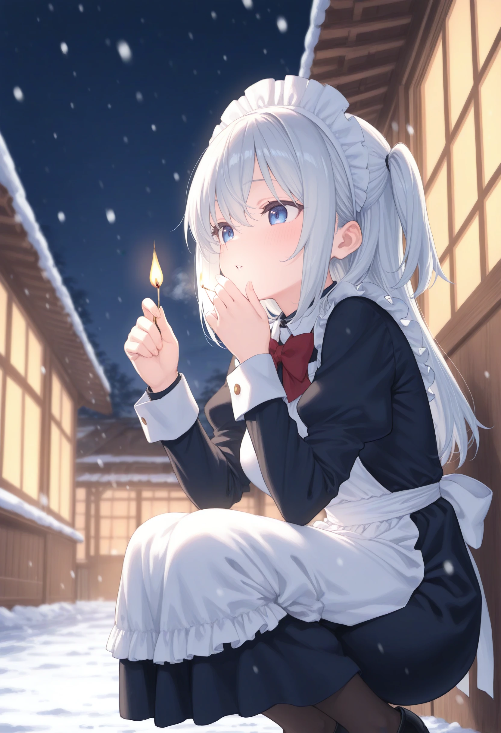 1girl,(sho \(sho lwlw\):0.7),(toosaka asagi:0.5),(sincos:0.3),solo,
masterpiece, best quality, newest, absurdres, CG, anime, source anime, illustration,
maid, maid headdress,medium breasts,
matches ,fire,outdoors, snowing, cold ,snow, winter,night, squatting,  long sleeves, breath ,<lora:matches_Illust_v1:0.8>
from side, feet out of frame, looking to the side, white hair, black eyes,blush, temple, parted lips, one side up hair,