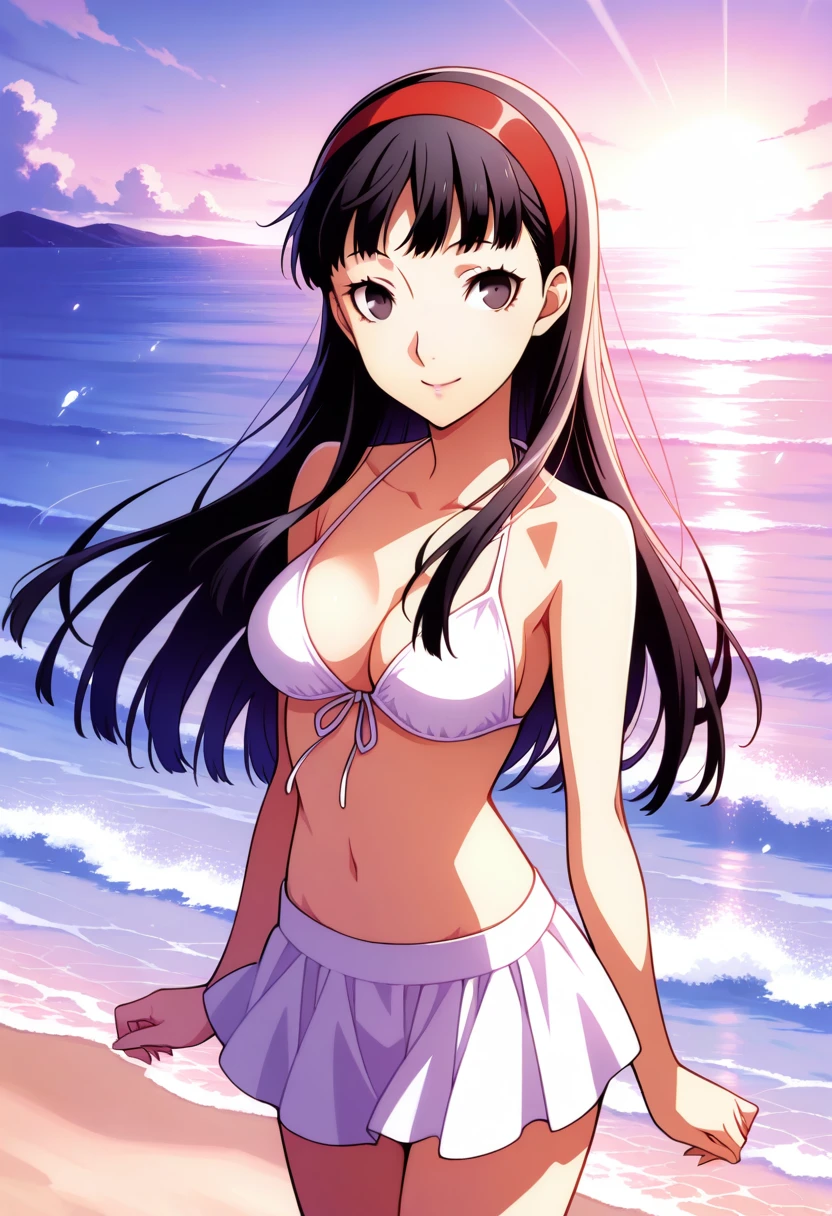 score_9, score_8_up, score_7_up, (source_anime), 1 girl, solo, nsfw, cute face,
p4amagi, amagi yukiko, long hair, swimsuit, bikini, hairband, white bikini, front-tie top, bikini top only, bikini skirt
happy, beach, smile, ocean, waves,
masterpiece, best quality, ultra detailed, absurdres, very aesthetic