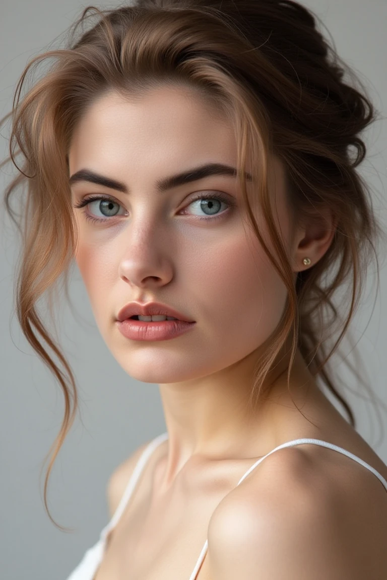 High quality realistic beauty shot of madchenflx. A close-up shot of a woman. She is wearing a camisole blouse. Her lips are a light pink color. Her hair is tousled. The backdrop is a light gray.