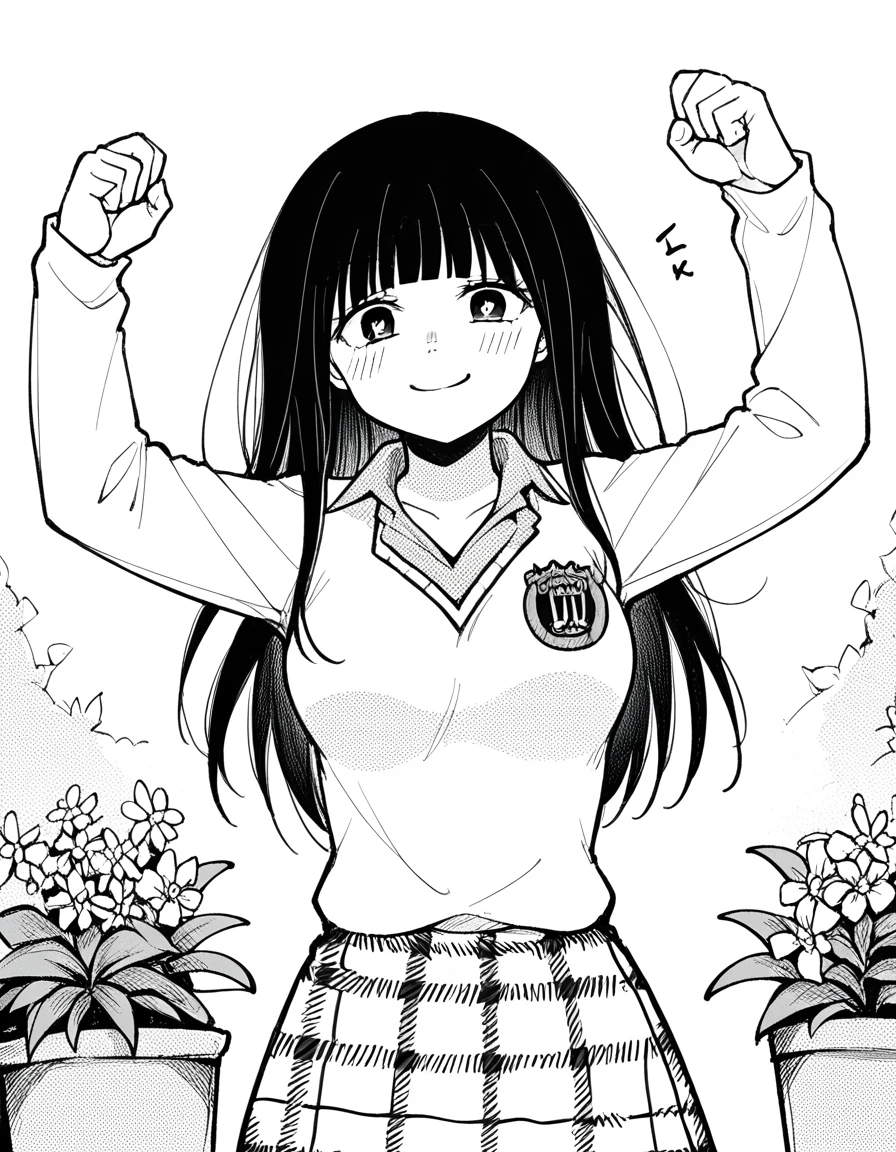 score_9, score_8_up, score_7_up, source_anime, <lora:minami-shirahama-manga-ponyxl-lora-nochekaiser:1>, minami shirahama, long hair, bangs, blunt bangs, bright pupils, medium breasts, monochrome, greyscale,, skirt, plaid, plaid skirt, sweater, long sleeves, shirt, white shirt, collared shirt,, garden, flowers, path, plants, tranquil, , <lora:colombia-pose-ponyxl-lora-nochekaiser:1> colombia pose, colombia pose (meme), meme, raised fists, victory pose, arms up, smile, smug,, blush, cowboy shot,, looking at viewer, solo,, dutch angle, cowboy shot